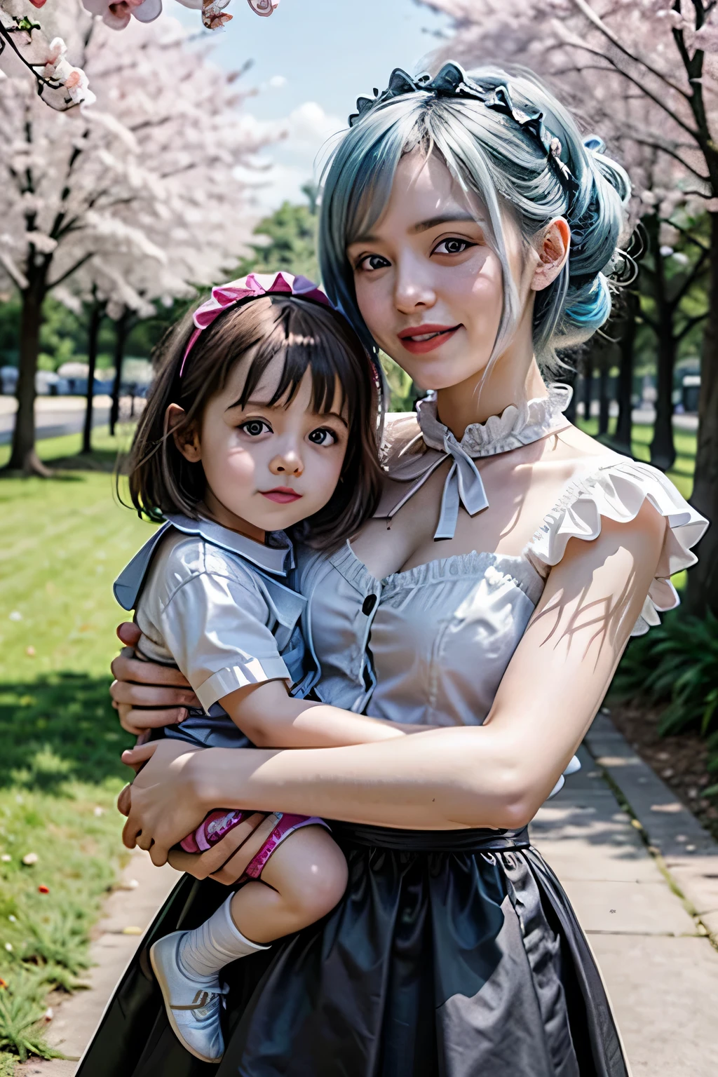 A 20-year-old female maid and a 6-year-old girl, 20-year-old woman wearing traditional maid uniform, The 6-year-old girl is wearing a light blue dress., 6 year old girl wearing ribbon headband, 20 year old women wear heavy makeup, Beautifully detailed face, A 6-year-old girl is wearing glasses, Natural sunlight, 20 year old woman has blue hair, They are standing under a cherry tree, Professional family photos, 6 year old girl laughing, They both have natural expressions, A 20-year-old woman is 170 cm tall., Anatomically correct body, A 6-year-old girl is 100cm tall, 6 year old girl sleeping, 20 year old woman hugging, Red lipstick, A 20-year-old woman is wearing a black skirt with frills, Chic pumps, 6-year-old girl has twin tails, 20 year old woman in garter belt and white stockings, They are both smiling., A 20-year-old woman is holding a 6--old girl in her arms, Two very cute people, Draw two faces in detail, The 6-year girl is wearing a long skirt, The 6-year-oldl hasvery young face., Anatomically correct number of hands, The 6-year-old girl hlonde hair., The 6-year-old girl is Brh., Aomically correct leg shaping, The two of them are beneath a magnificent row of cherry blossom trees.,