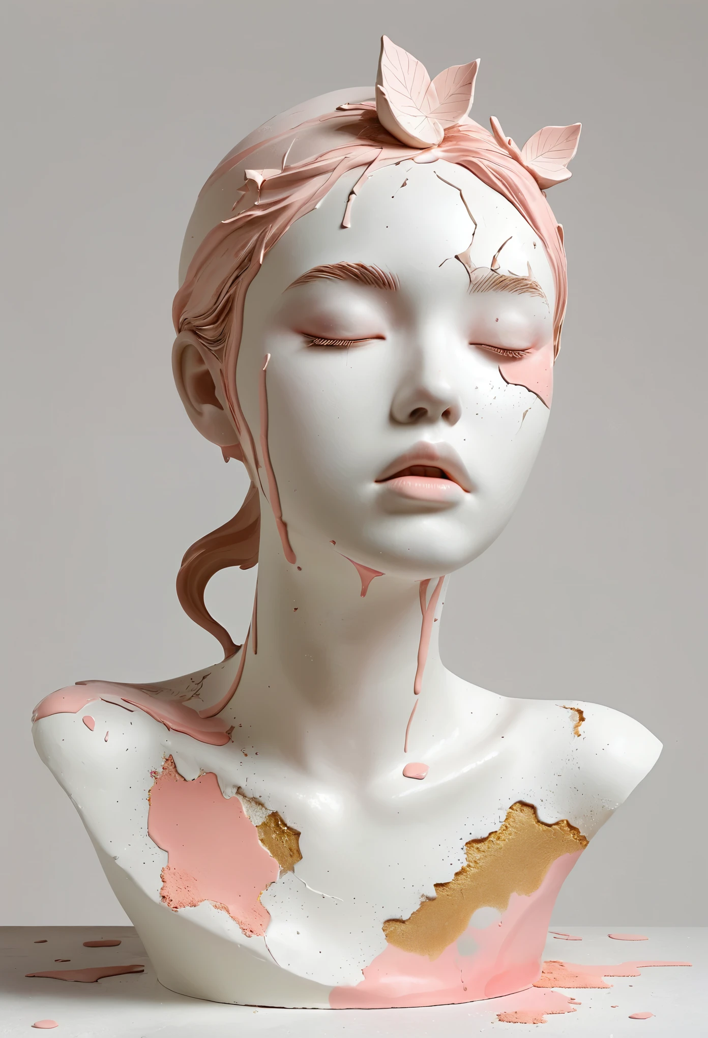 Artistic statues，3D Sculpture，ceramics，Surface cracks，Shattered Texture，White cake，Delicious tea powder，Minimalist Sculpture，3D， 1 girl, solitary, blush,Rough surface，Surface patterns and textures，Surface scratches，Granular，