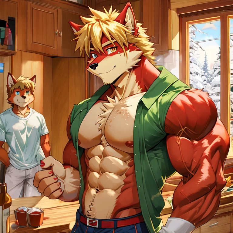 (masterpiece, Best quality:1.2), very young wolf boy, in shirts, winter, body covered in red fur, Furry style, sexual, horny, very muscular wild ,full height,very short blond hair,freckles on the body and face,amber eyes,defined muscles,sharp focus, friendly