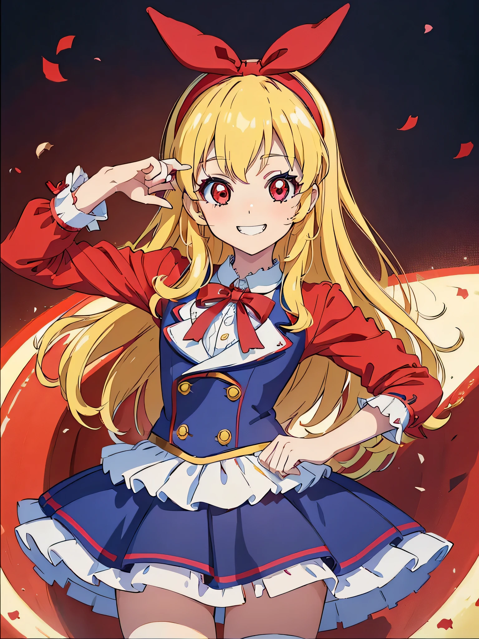 (red ribbon on hairband:1.2),（8K, best quality, muste piece:1.2)、ultra high resolution,1 very cute girl,hosimiya ichigo,ultra-detailed face, detailed eyes,RED eyes,smile, grin, happy,,masterpiece, best quality, extremely detailed, 1 girl,souvenir jacket, confetti1 girl, 