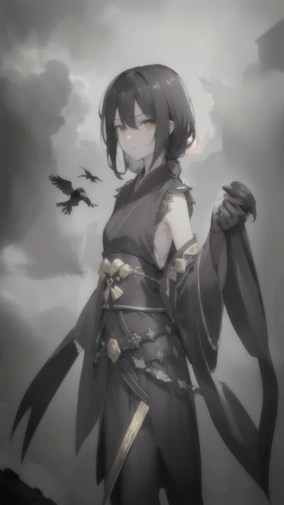 (best quality,highres),(realistic,photorealistic),black and white flowing hair,golden eyes,black and silver hanfu and armor,raven,black longsword,graceful pose,dramatic lighting,concept art style,vibrant colors,contrasting tones