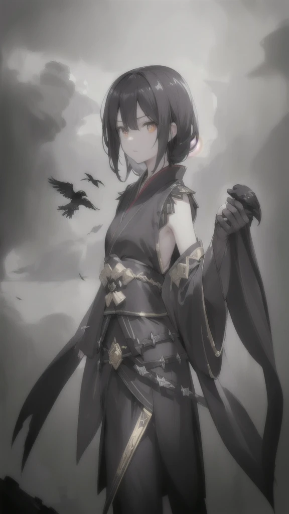 (best quality,highres),(realistic,photorealistic),black and white flowing hair,golden eyes,black and silver hanfu and armor,raven,black longsword,graceful pose,dramatic lighting,concept art style,vibrant colors,contrasting tones