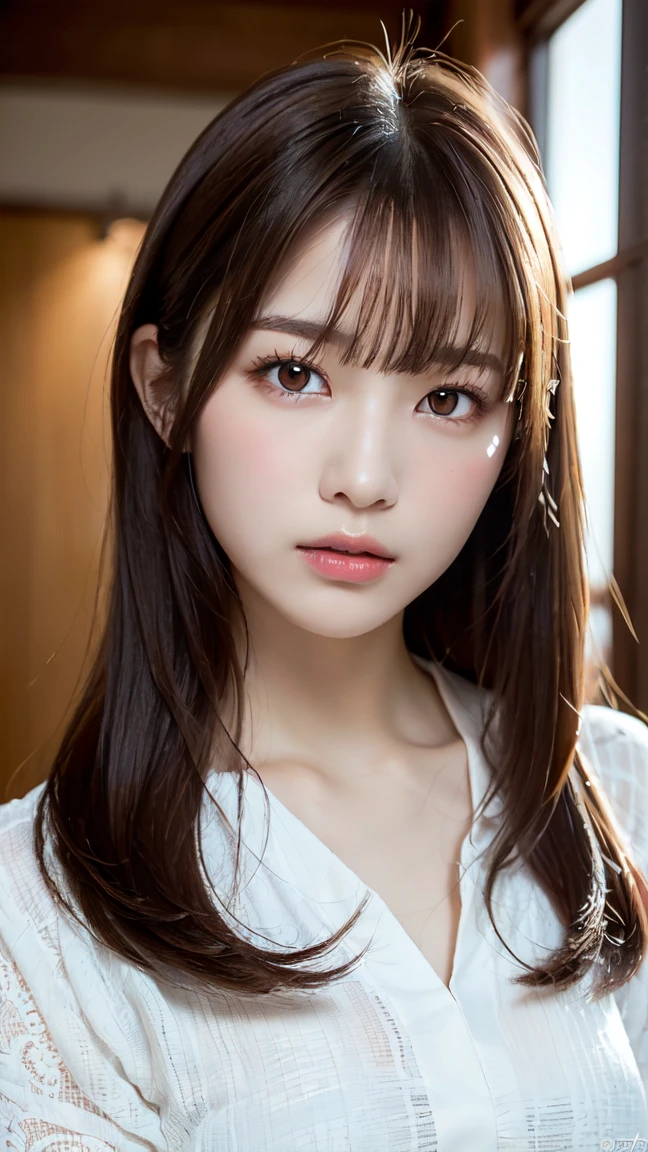 high quality, Face Focus, Soft Light, Ultra-high resolution, (Realistic:1.4), RAW Photos, 1 Japanese girl, alone, cute, (pupil, Light in your eyes), Beautiful face in every detail, (Small box),(High resolution detail of human skin texture), (Long Hair), indoor, Damask Shirt Dress, Brown haired gal