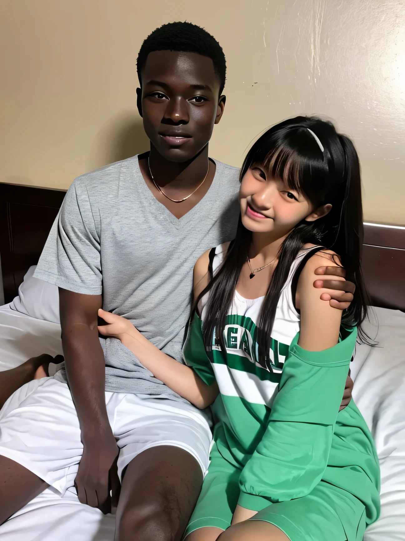 A high school couple,My husband is black African,19 years old,It's huge,Dark skin;My wife is a Japanese woman,she is high school student,,Very white skin,Bed,like