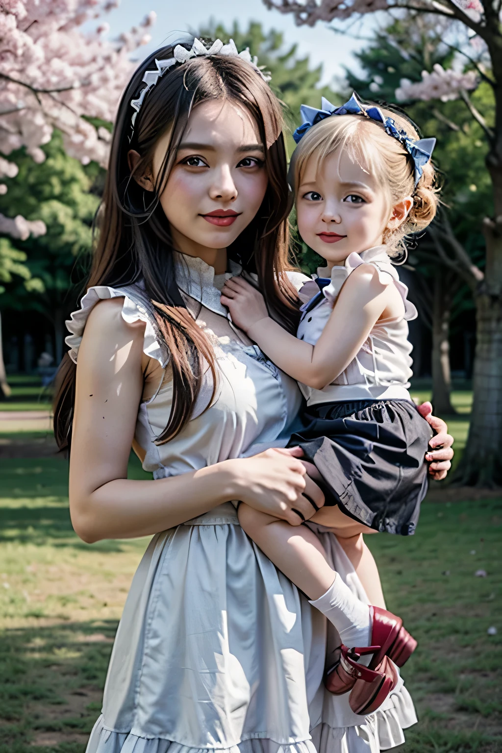 A 20-year-old female maid and a 6--old girl, 20-year-old woman wearing traditional maid uniform, The 6-year-old girl is wearing a light blue dress., 6 year old girl wearing ribbon headband, 20 year old women wear heavy makeup, Beautifully detailed face, The 20-year-old woman has braided hair., Natural sunlight, 20 year old woman has blue hair, They are standing under a cherry tree, Professional family photos, 6 year old girl laughing, The two are very natural. The 20-year-old woman is 170cm tall., Anatomically correct body, A 6-year girl is 100cm tall, 6 year old girl sleeping, 20 year old woman hugging, Red lipstick, A 20-year-old woman is wearing a black skirt with frills, Chic pumps, 6-year-old girl has twin tails, 20 year old woman in garter belt and white stockings, They are both smiling., A 20-year-old woman is holding a 6-year-oldl in her arms, Two very cute people, Draw two faces in detail, The 6-year-old gir wearing a long skirt, The 6-year-old girl havery ng face., Anatomically correct number of hands, The 6-year-old girl has blondir.,  6-year-old girl is British., Anacallyrrect leg shaping, The two of them are beneath a magnificent row of cherry blossom trees.,