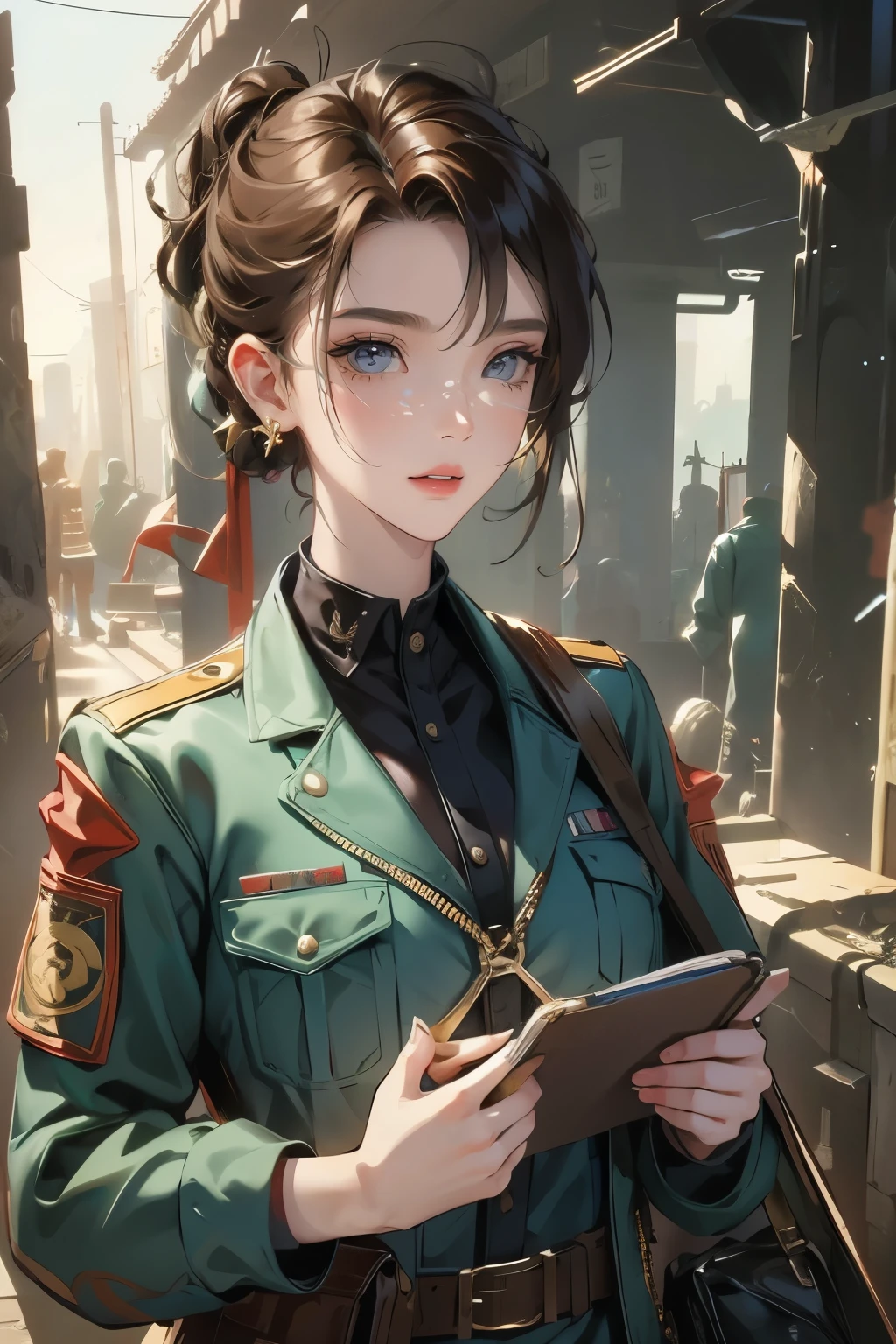 a pretty girl messenger, wearing large glasses, undercut hair, wearing postal uniform, in a post-apocalyptic world