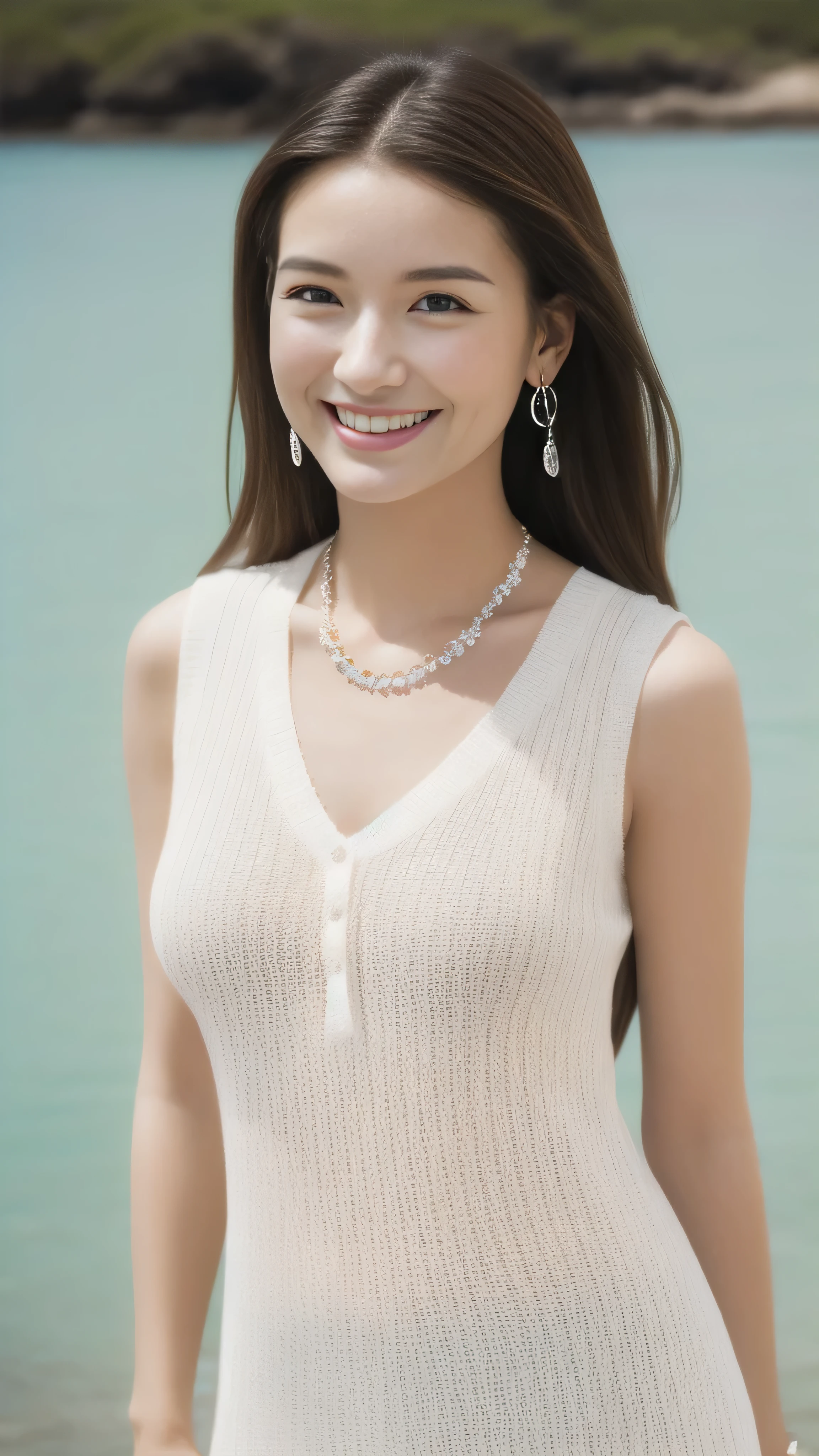 Highest quality, Realistic, In detail, High resolution, 8k wallpaper, Perfect dynamic composition, Beautiful attention to detail, Medium Hair, Big ample breasts, Random sexy poses,Chest to chest、(Mock Neck Crop Tank Top White Knitwear)、Laughter、Resort scenery、23 years old、(((White skin))),(((Thighs))),Looking at the camera、whole body、