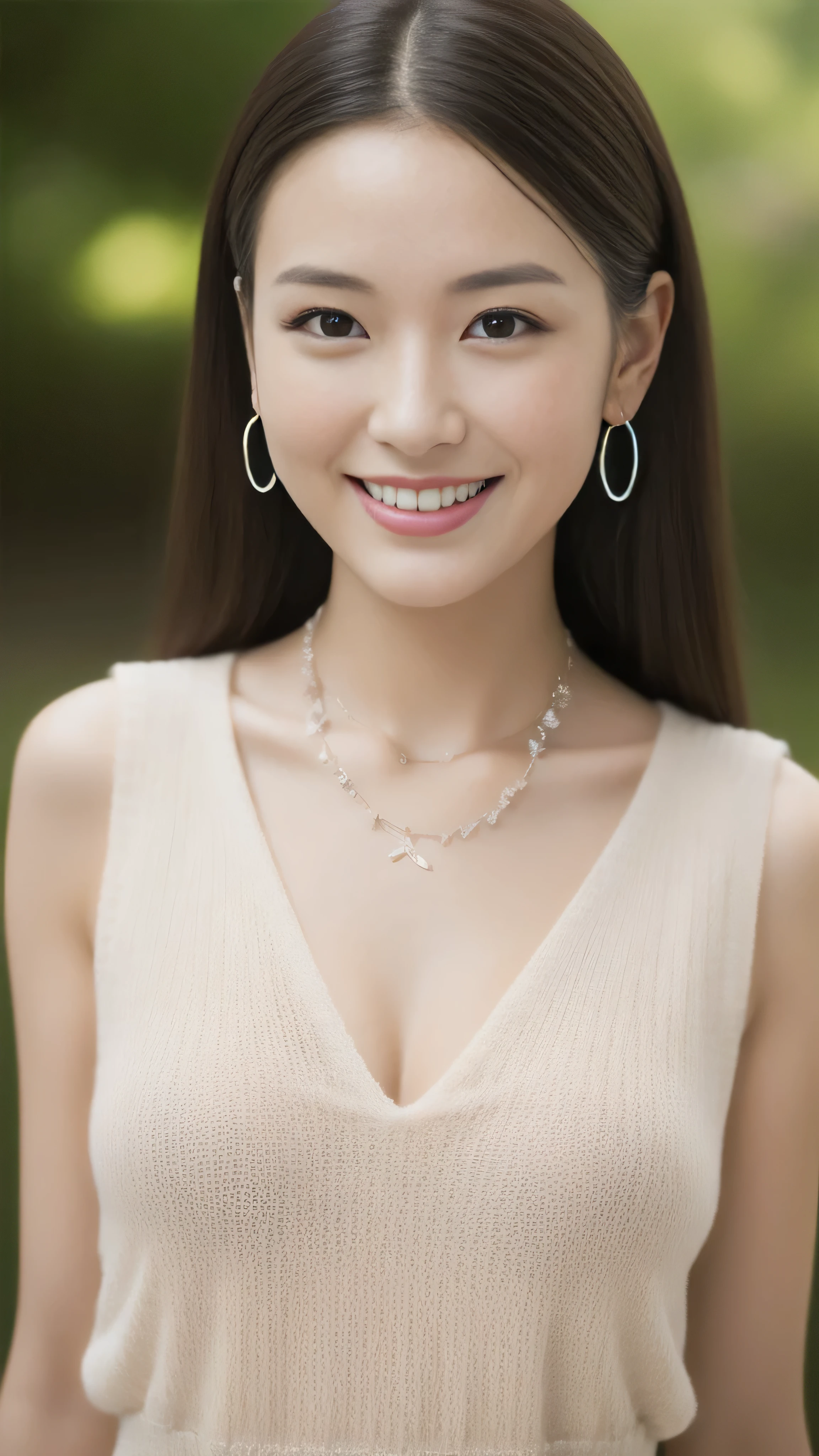 Highest quality, Photorealistic, In detail, High resolution, 8k wallpaper, Perfect dynamic composition, Beautiful attention to detail, Medium Hair, Big ample breasts, Random sexy poses,Put your chest together、(Mock Neck Crop Tank Top White Knitwear)、(Breast Swelling 1.2)、Laughter、Open your mouth、Resort scenery、23 years old、