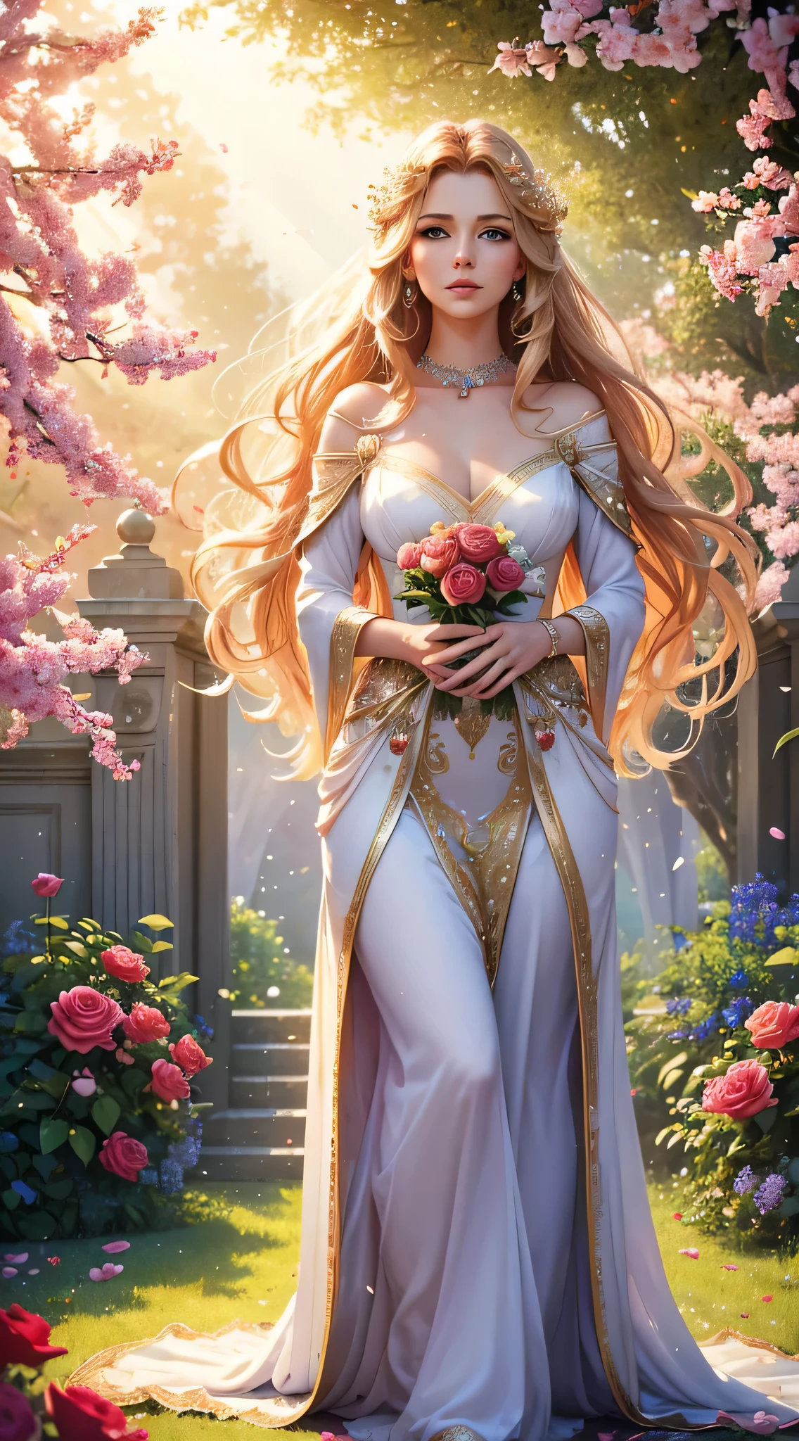 (melhor qualidade,4K,8k,high resolution,obra de arte:1.2),ultra-detalhado,realista,breathtaking goddess of love,beleza divina,Angelic Characteristics,Radiância Celestial,flowing golden hair,hipnotizantes olhos azuis,pele macia e delicada,lips red like rose petals,her elegant dress adorned with delicate lace and sparkling beads,standing in a lush garden filled with vibrant flowers and blooming trees,your presence evoking a feeling of love and passion,as soft sunlight filters through the leaves,casting a warm golden glow over her,creating a magical atmosphere,exuding an aura of elegance and grace,With every step she takes,she exudes love and compassion,suas asas divinas suavemente desfraldadas,como se estivesse pronto para voar e espalhar amor pelo mundo,The colors of the scene are vibrant and saturated,com uma paleta de cores pastel suave,bringing an ethereal, dreamlike quality to the composition,Soft diffused lighting adds to the paradisiacal ambience,criando um efeito sobrenatural.