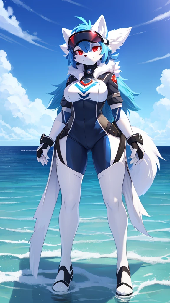 ((best quality, Masterpiece, perfect anatomy, Detailed pictures)), 1 female, arctic protogen, arctic wolf, Long visor, white visor, red eyes, blue hair, sexy body, Big Pong, Future military clothing, fluffy tail, shy, in the sea, front view