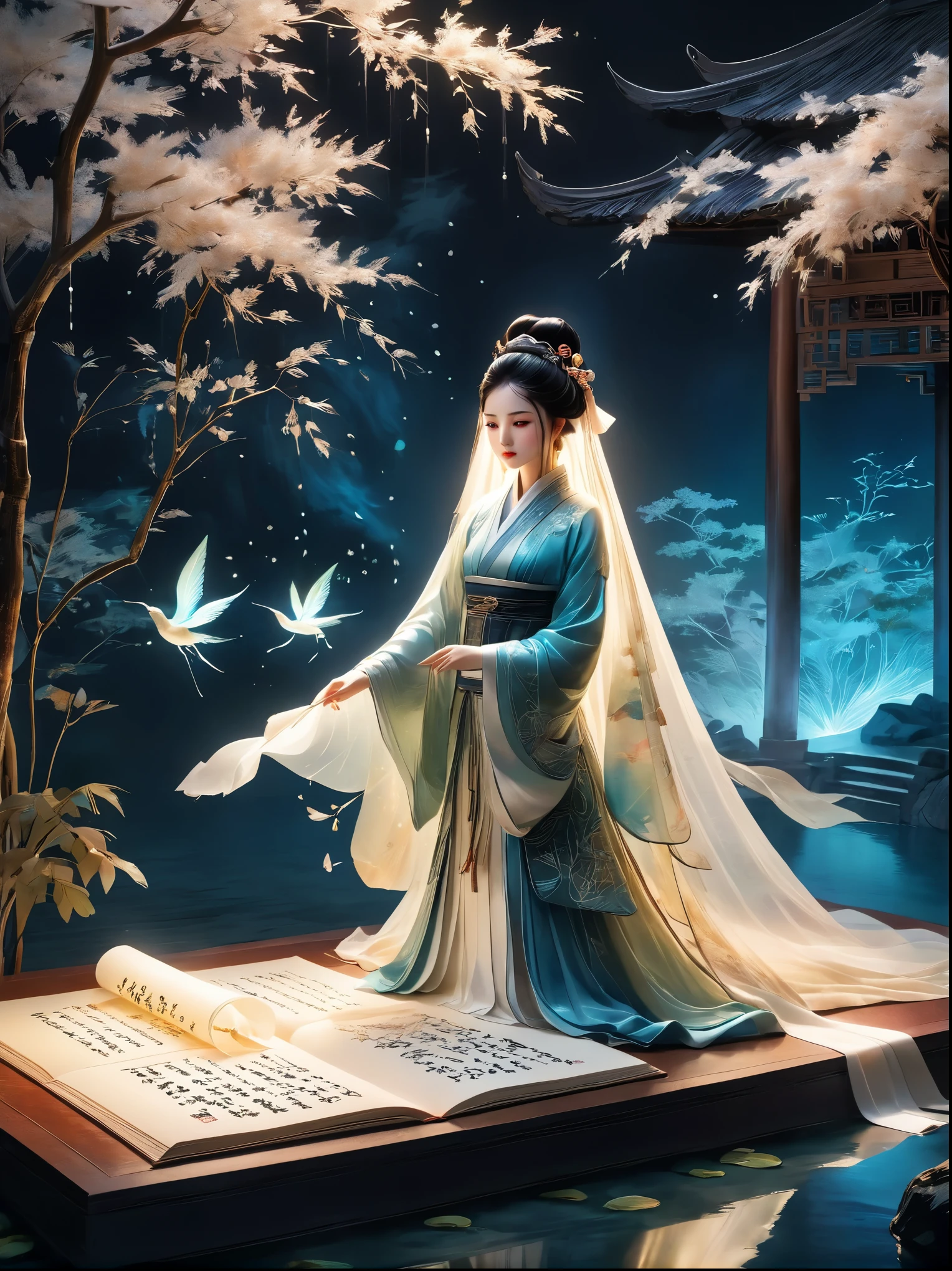 Suspension, Three-dimensional ancient style, Rolled up rice paper filled with calligraphy, Concept Design, Clothes Decision Fluttering, Macro Photography, Fiber Optic Paper Sculpture, High Angle Shot, Romantic ancient style, Movie Light, Surreal, Chen Jialing, Zen, Veil, Watercolor, Quiet atmosphere, Rich, Fantastic, Micro Rendering, Exquisite details, Dark night shimmer, Fiber Optic Paper Sculpture, Backlight, Decorative illustrations, Graphic illustration, Fluorescent Color, Watery eyes, Anime Characters, The book is extremely complicated, Background of law, Center glow, An ancient man writing calligraphy, Neoclassicism, Hyperrealism, Art Nouveau, UHD, masterpiece, ccurate, anatomically correct, super detail, 8k