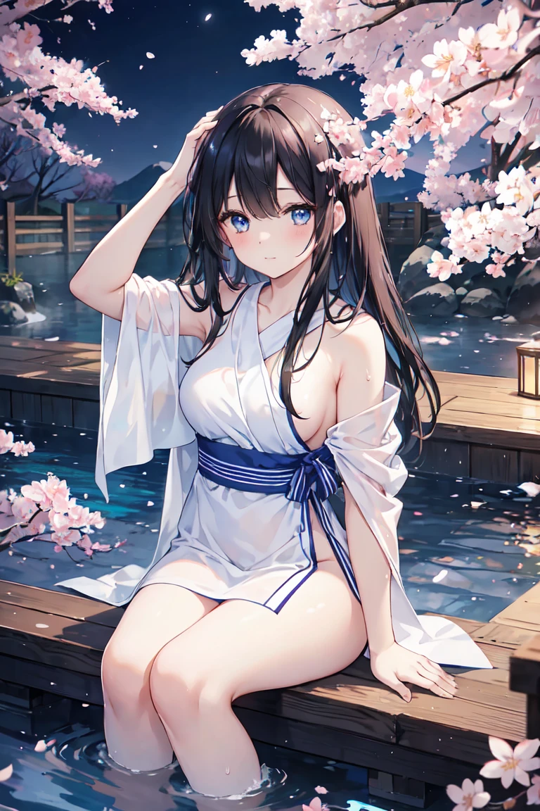 A woman relaxing in a hot spring,Black Hair、Blue Eyes、20generation,Looking up at the moon、cherry blossoms、cherry blossoms blizzard、Satisfied face,Put a towel over your hair,Beautiful light of inspiration,Elegant water flow,Calm atmosphere,Quiet and calm background