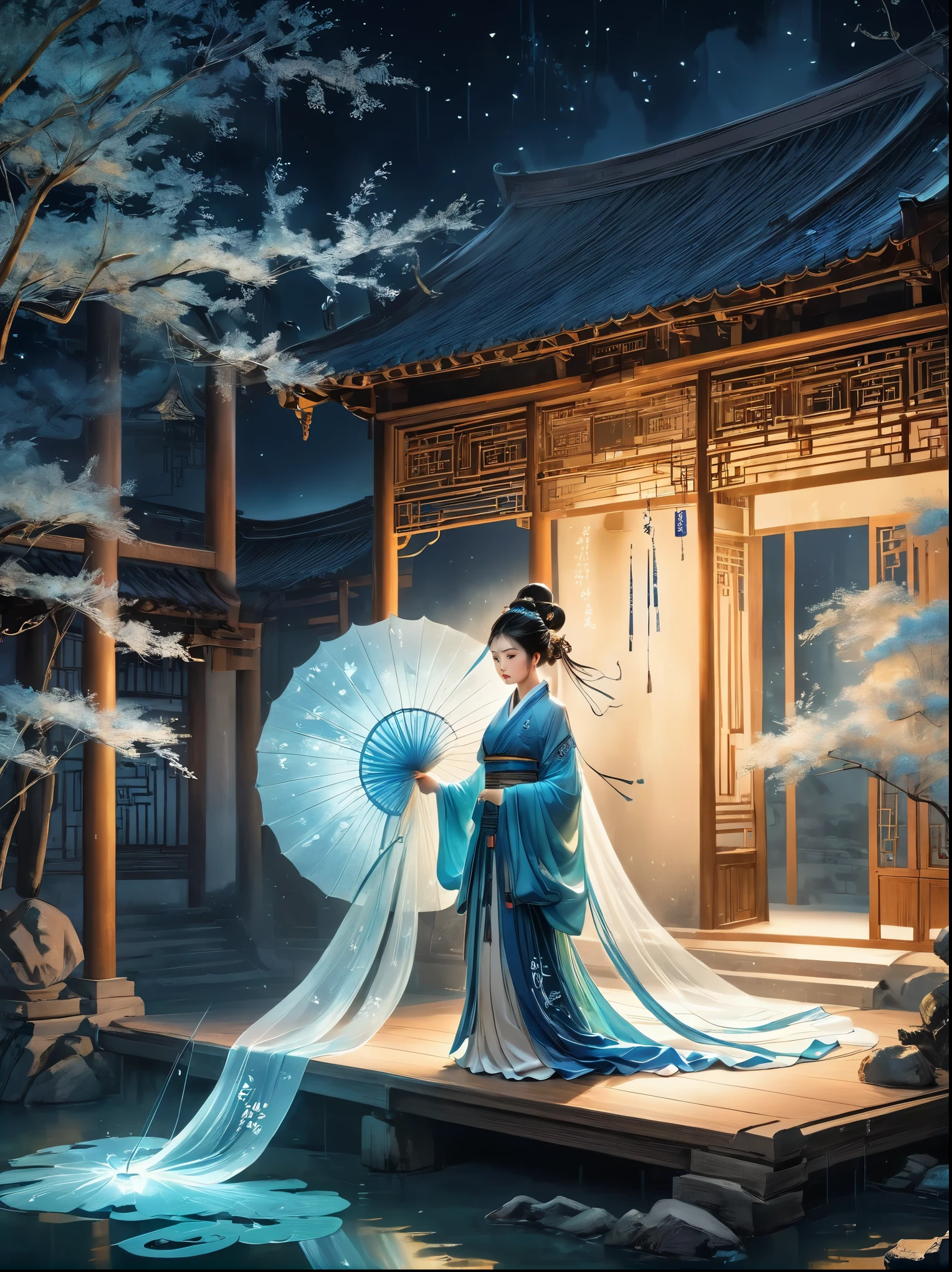 Suspension, Three-dimensional ancient style, Rolled up rice paper filled with calligraphy, Concept Design, Clothes Decision Fluttering, Macro Photography, Fiber Optic Paper Sculpture, High Angle Shot, Romantic ancient style, Movie Light, Surreal, Chen Jialing, Zen, Veil, Watercolor, Quiet atmosphere, Rich, Fantastic, Micro Rendering, Exquisite details, Dark night shimmer, Fiber Optic Paper Sculpture, Backlight, Decorative illustrations, Graphic illustration, Fluorescent Color, Watery eyes, Anime Characters, The book is extremely complicated, Background of law, Center glow, An ancient man writing calligraphy, Neoclassicism, Hyperrealism, Art Nouveau, UHD, masterpiece, ccurate, anatomically correct, super detail, 8k