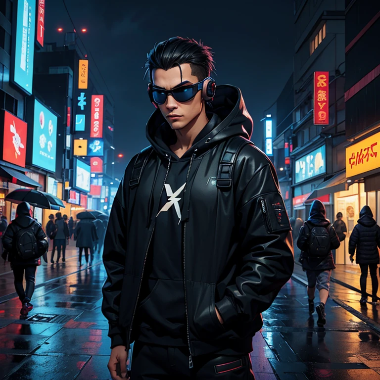 Cyberpunk Hacker Hoodie, homme philippin, wearing a high-tech headset and a high-tech backpack, accroupi sur un toit élevé surplombant les rues de Tokyo, under heavy rain and lightning, La nuit feu et eau