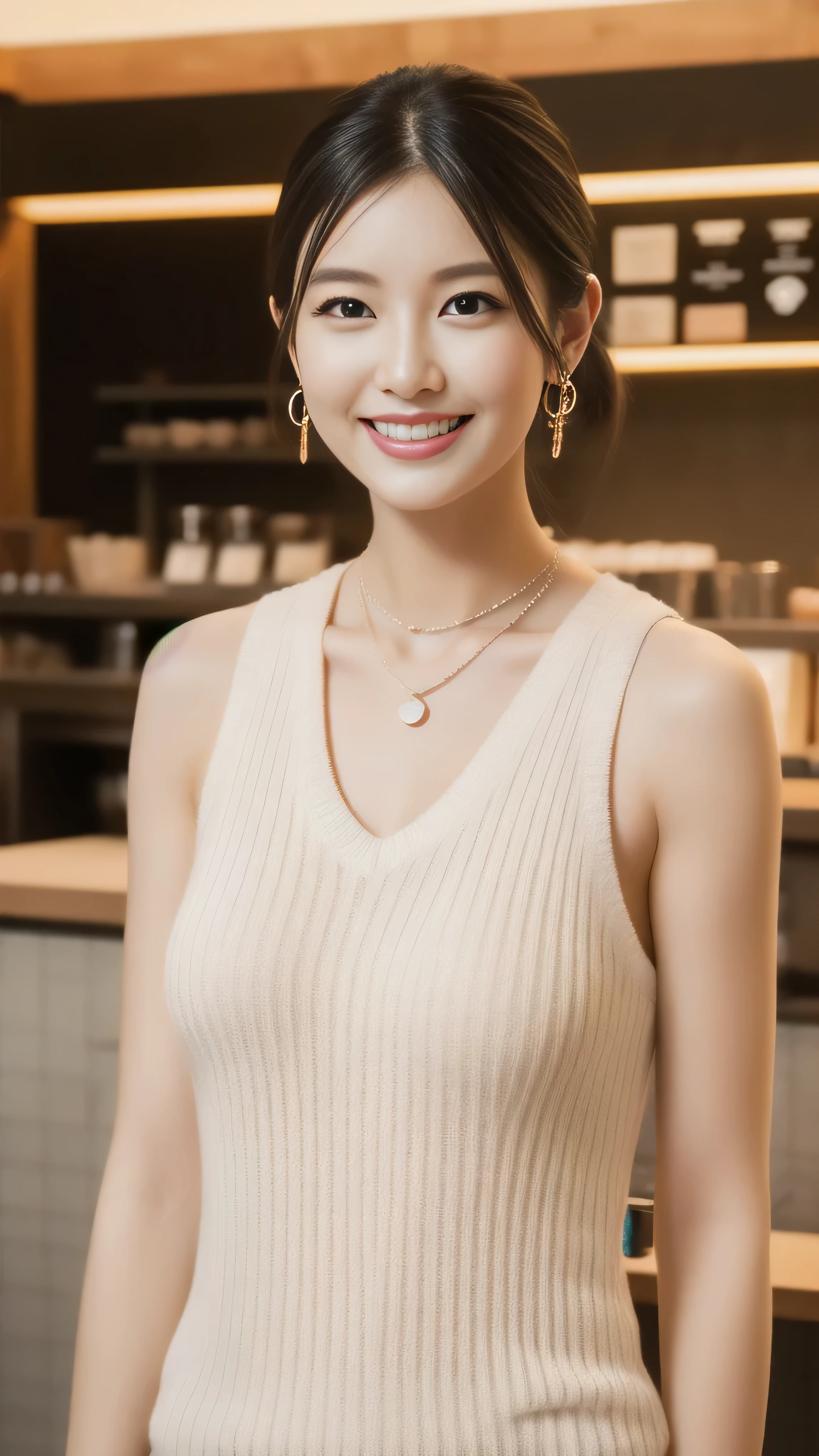 Hostess&#39;s face、Married women、Married Woman、Beauty、White sleeveless knit dress、high quality、Super Ultra Realistic、healthy、smile、Perfect figure、Japanese Beauty、 necklace、Earrings、Perfect eyes, beautiful skin、looking at the camera、Starbucks store