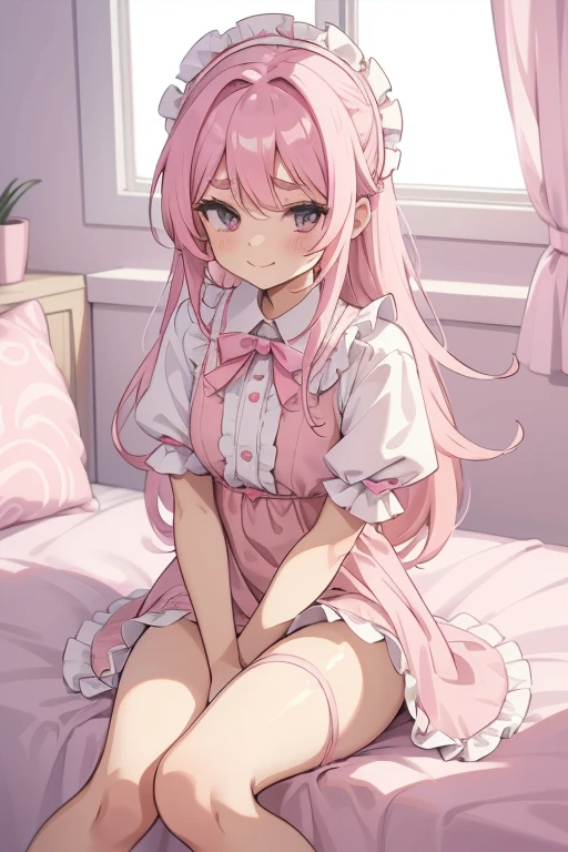 Girl with pink hair, long double-tailed hairstyle, ((small pink bushy eyebrows)), dressed in ta clothing, marked vagina, loli(Zankuro) drawing style by zankuro artist, Zancro style, image uploaded to R34, looking at the camera with a flirtatious smile, modeling in her room, male pov, (panties pulling, self-pulling, pink panties:1.1 panties pulled to knees) , she pulling her dress to cover her crotch