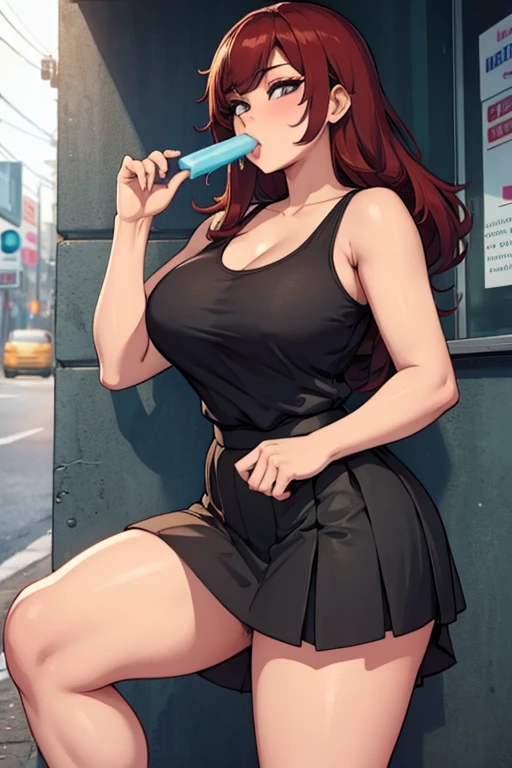 a hot asian girl with big  wearing a tiny skirt eating a popsicle