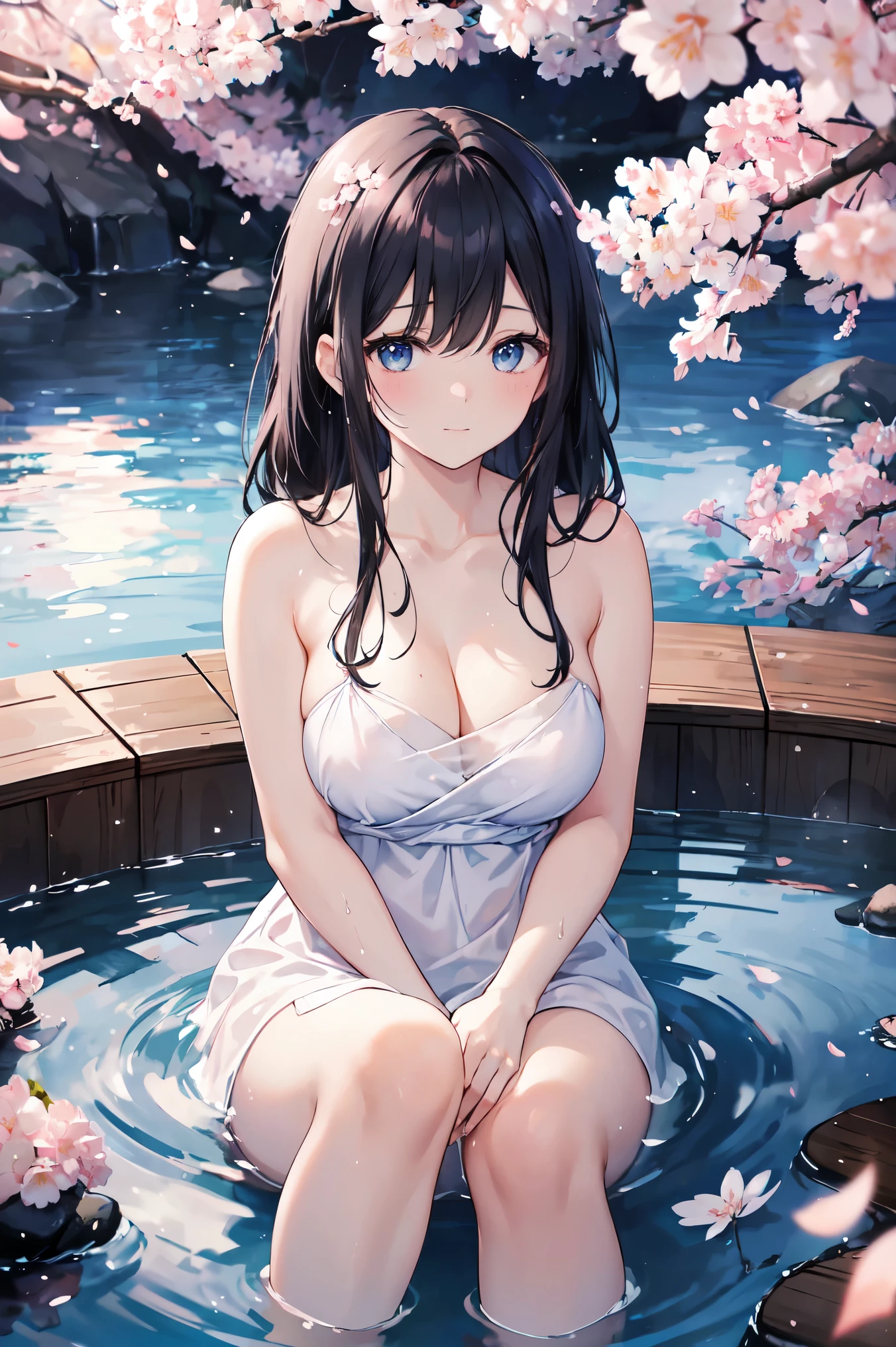 In 8K、highest quality、masterpiece、Ultra-detailed、Ultra-high resolution、Anime Style、Open-air bath、Rock bath、full moon、Mountain in the background々、One Girl、Wrap a bath towel around your body、Laughter、(Wet your hair)、(vapor)