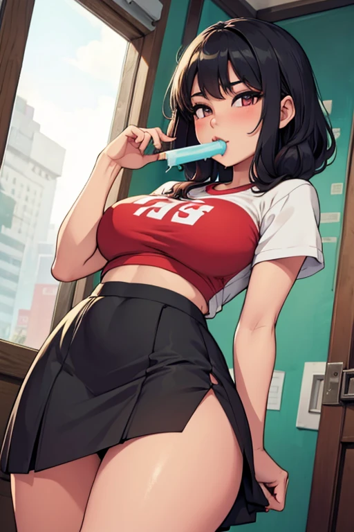 a hot asian girl with big  wearing a tiny skirt eating a popsicle