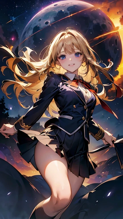 vast landscape photography , (View below showing the sky above and open fields below), The portraits are very detailed and realistic..。The scene is filled with HDR lighting..、Depicts a beautiful woman from a medium distance.、(Semi-long、blonde hair)、medium chest、High school girls、(Uniform、cute ribbon、skirt、knee high socks、blazer、uniform buttons、uniform collar、blouse、Uniform skirt、uniform tie、Uniform shoes、Uniform vest)、In a perfect contrapposto pose、Her hands rested delicately on her head、Smile sweetly at the viewer。She exudes an aura of elegance and charm, (full moon:1.2), ( shooting star:0.9), (nebula:1.3), distant mountains, Tree Break Crafting Art, (warm light source:1.2), (firefly:1.2), lamp, There is a lot of purple and orange in it., intricate details, Volumetric lighting BREAK
(masterpiece:1.2), (best quality), 4K, very detailed, (Dynamic configuration:1.4), very detailed, colorful details,( iridescent colors:1.2), (glowing lights, atmospheric lighting), dreamy, magical, (alone:1.2)