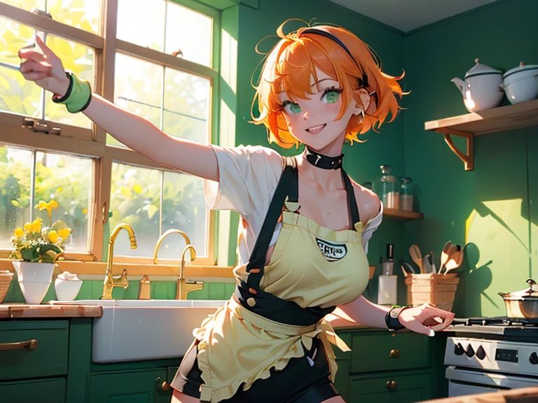 (1 girl)(21 year old girl)(short hair)(flared hair)(orange hair)++ (white apron) (green t-shirt) (tight black shorts) (knee high socks) (gwish) (black straps) (wrist watch up on arm) (green eyes) (glossy skin)(hair ties)(open smile)(facing camera)(cameltoe)(happy)(eager)(holding a mixing spoon)(in a messy kitchen)(sun through the window)(cake batter everywhere)(dynamic pose)(cute brown dancing ferret)