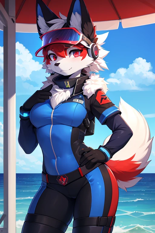 ((best quality, Masterpiece, perfect anatomy, Detailed pictures)), 1 female, arctic protogen, Arctic Reshirum, Long visor, blue visor, ruby eyes, sexy body, Big Pong, Future military clothing, fluffy tail, red red, shy, in the sea, front view