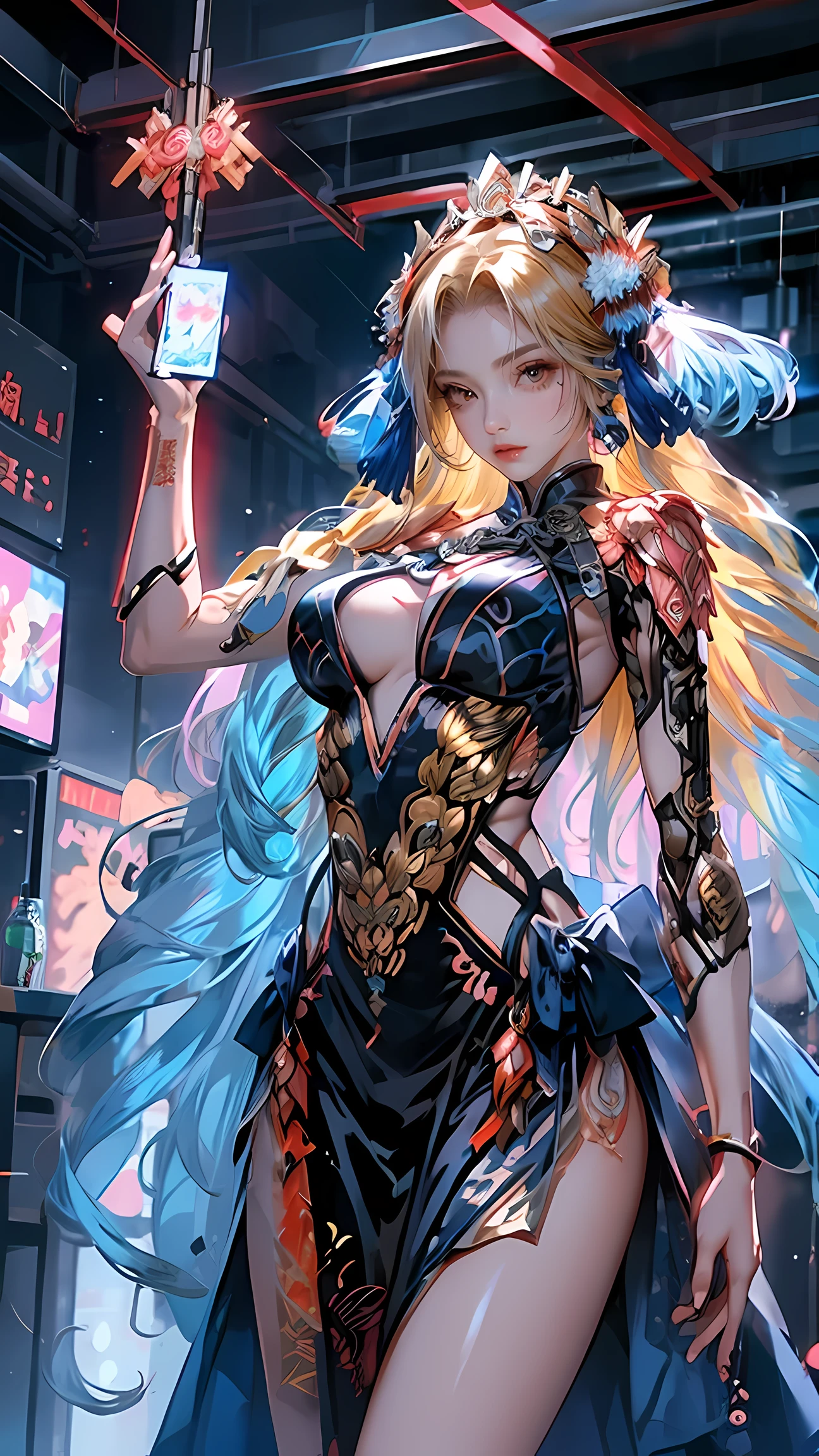 a woman in cheongsam, chinese_clothes, in pink, neon light, mechanical arm, mechanical leg, 1girl, drill hair, long hair, blonde hair, gradient hair, yellow eyes, solo, huge breasts, big hair, blue hair, tiara, divine goddess, looking at viewer, indoors, cyberpunk city, Headdress, hair ornament, a high-tech city, full of machinery and futuristic element, futurism, technology, sexy pose, dynamic pose, astraea, cyberhanfu 
