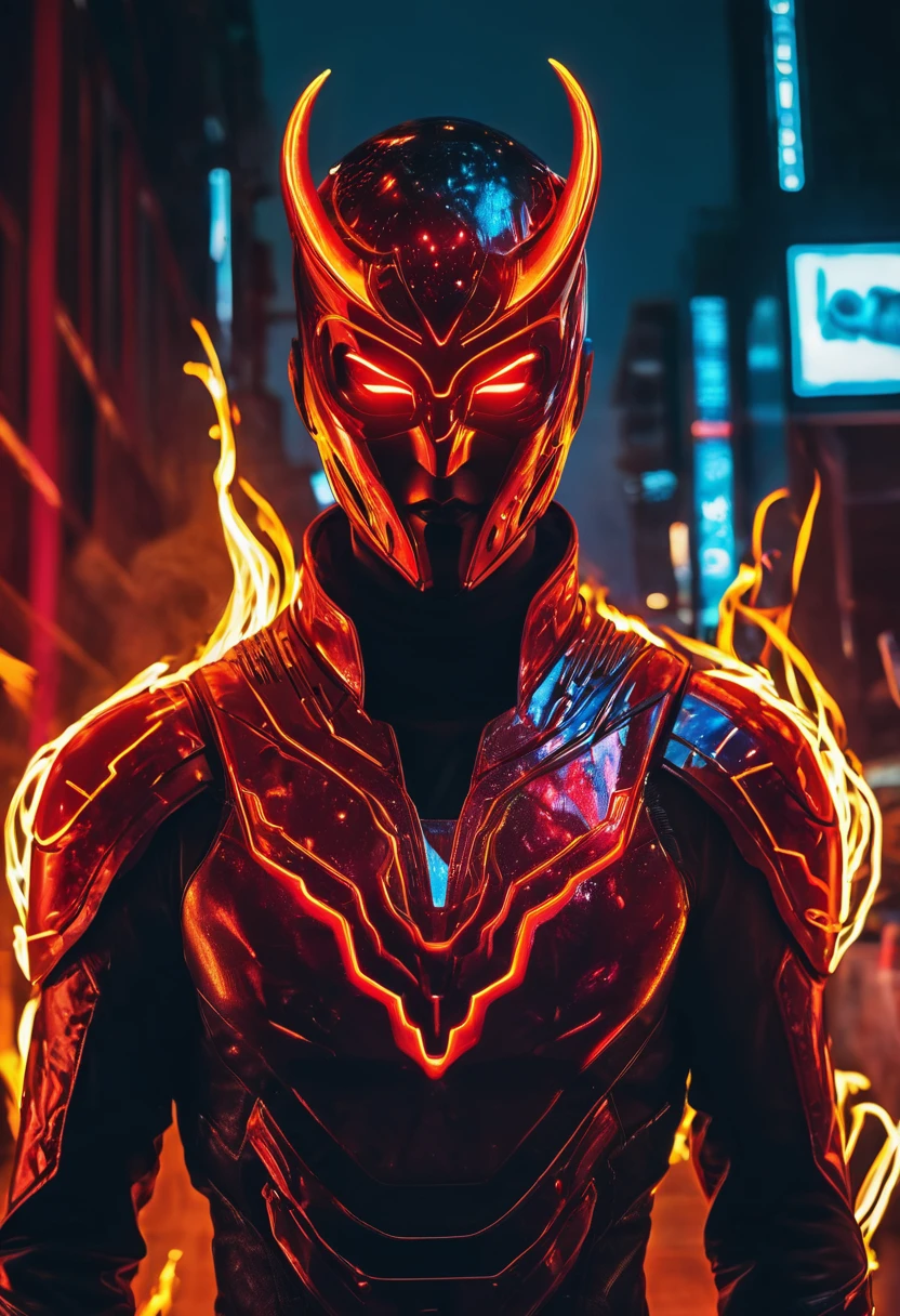 un homme aux yeux brillants et un costume rouge debout devant un feu, fond incroyable, Torche humaine, veines rouges brillantes, puissance rayonnante, image d'avatar, veines rouges brillantes, veines brillantes et brillantes, costume de flamme cyberpunk, 8k very detailed โค๐ฅ ๐ฅ ๐ ๐ค ๐, veines rougeoyantes, super-vilain sombre, photo de profil 1024px, Fire Demon