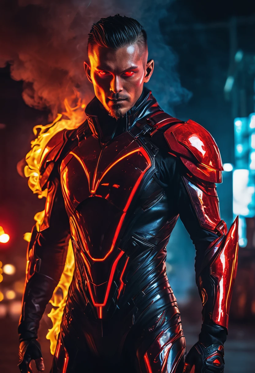 un homme aux yeux brillants et un costume rouge debout devant un feu, fond incroyable, Torche humaine, veines rouges brillantes, puissance rayonnante, image d'avatar, veines rouges brillantes, veines brillantes et brillantes, costume de flamme cyberpunk, 8k very detailed ❤🔥 🔥 💀 🤖 🚀, veines rougeoyantes, super-vilain sombre, photo de profil 1024px, Fire Demon