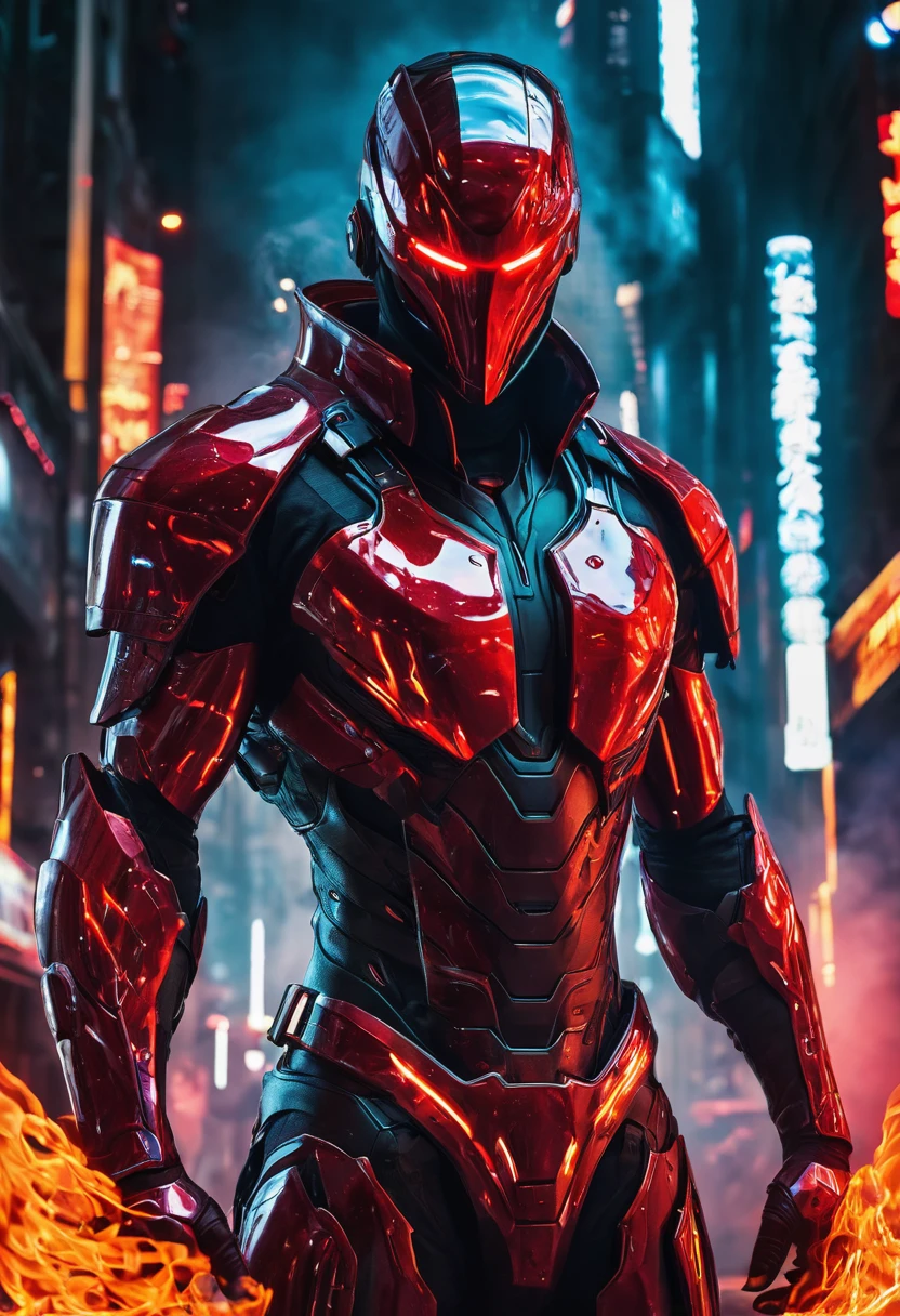 un homme aux yeux brillants et un costume rouge debout devant un feu, fond incroyable, Torche humaine, veines rouges brillantes, puissance rayonnante, image d&#39;avatar, veines rouges brillantes, veines brillantes et brillantes, costume de flamme cyberpunk, 8k very detailed ❤🔥 🔥 💀 🤖 🚀, veines rougeoyantes, super-vilain sombre, photo de profil 1024px, Fire Demon