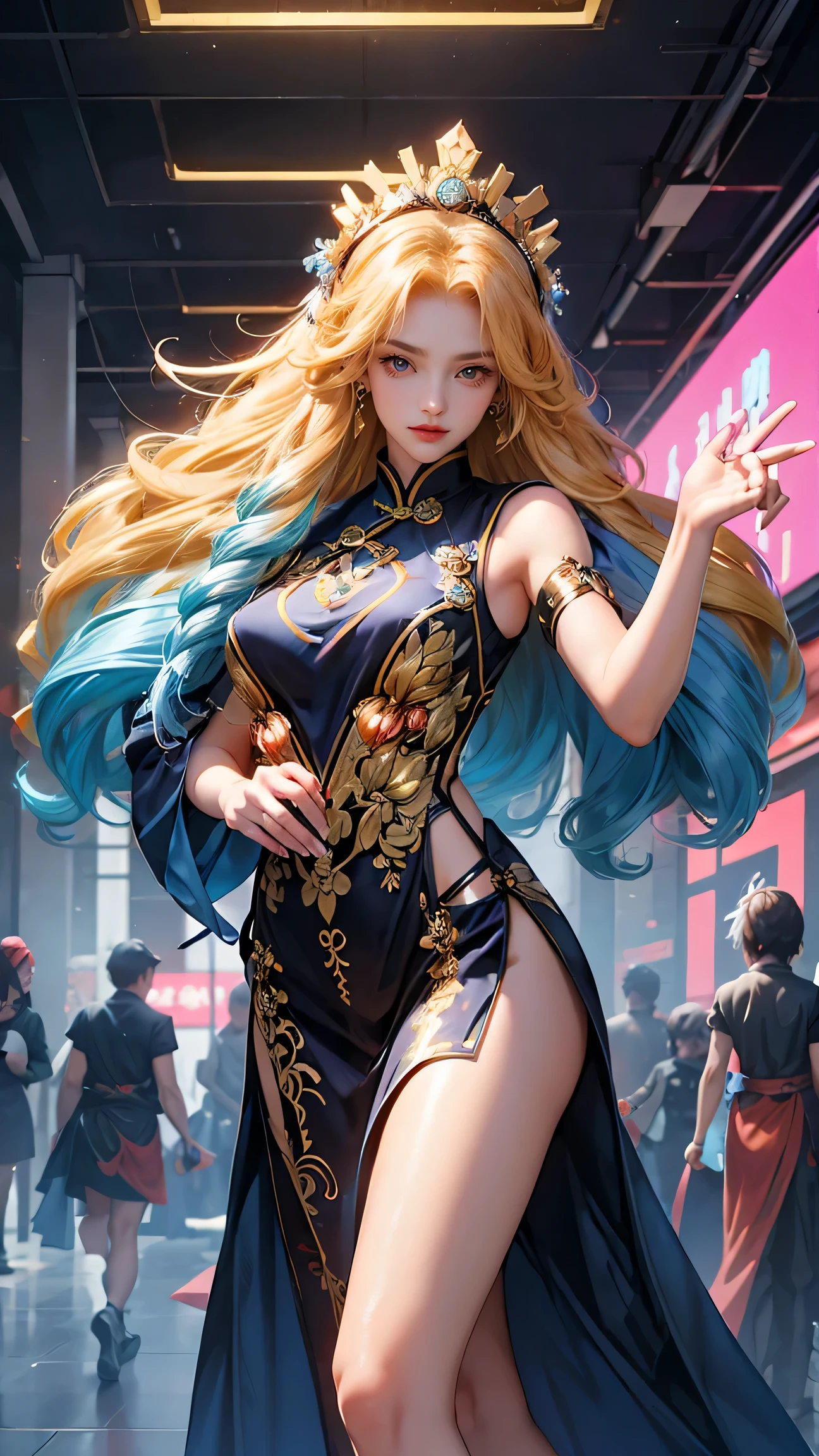 a woman in cheongsam, chinese_clothes, in pink, neon light, mechanical arm, mechanical leg, 1girl, drill hair, long hair, blonde hair, gradient hair, yellow eyes, solo, ????????????, big hair, blue hair, tiara, divine goddess, looking at viewer, indoors, cyberpunk city, Headdress, hair ornament, a high-tech city, full of machinery and futuristic element, futurism, technology, ???? pose, dynamic pose, astraea, cyberhanfu 