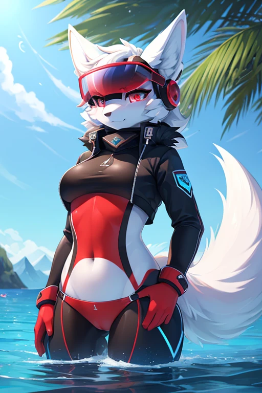 ((best quality, Masterpiece, perfect anatomy, Detailed pictures)), 1 female, arctic protogen, Arctic Reshirum, Long visor, blue visor, ruby eyes, sexy body, Big Pong, Future military clothing, fluffy tail, red red, shy, in the sea, front view