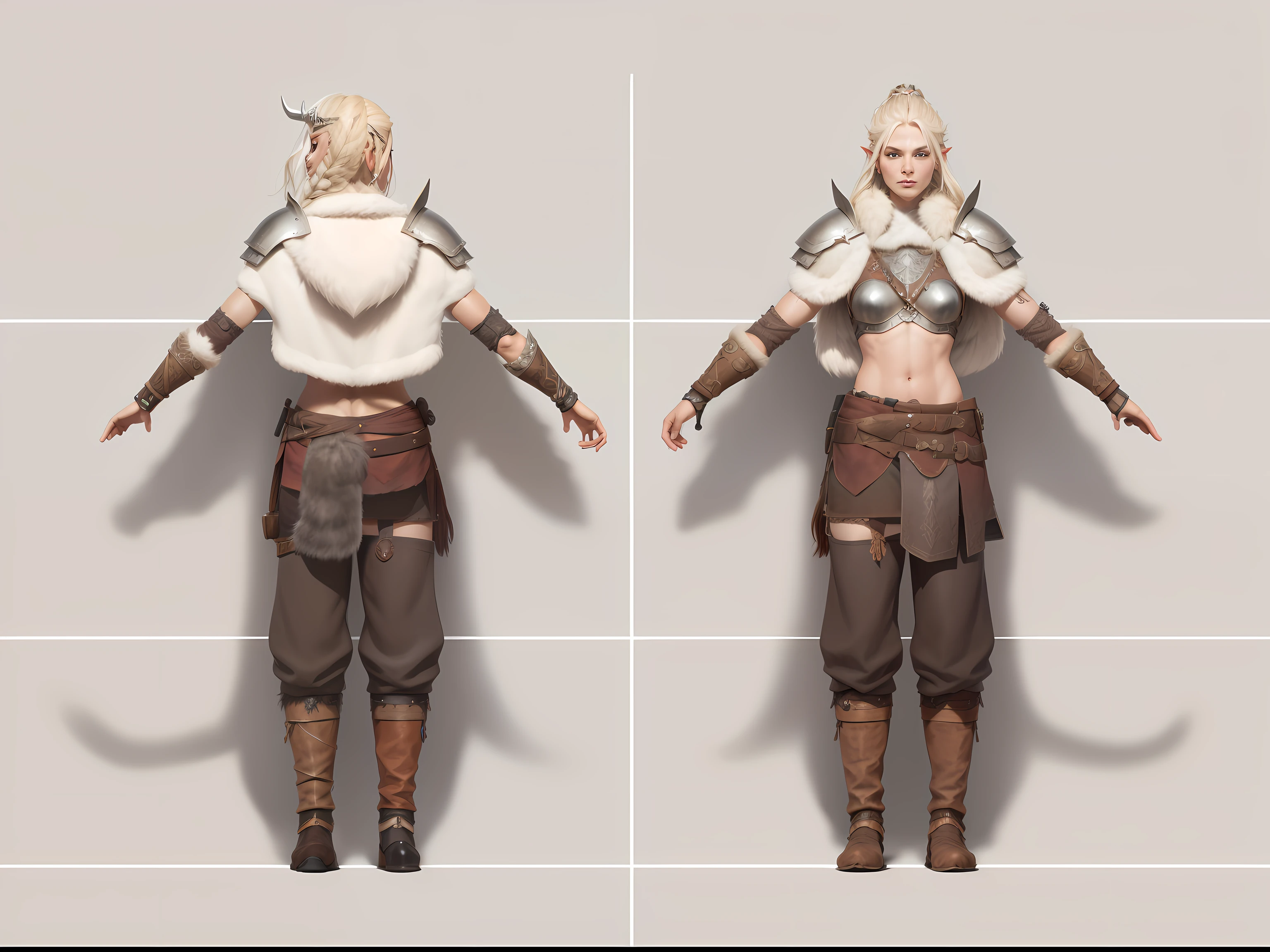 ( Realistic:1.33),(masterpiece:1.1),(highest quality:1.1),(HDR:1) a close up of a Viking woman warrior wearing armor and fur coat , full body concept, detailed full body concept, Young Viking female with a long braid, Viking style, Teenage Viking protective maiden, Portrait of a Viking, Viking warrior, Viking culture, Nordic warrior, Viking costume, Ancient Viking warrior, Elven blond warrior, Epic Viking Queen , wearing Viking clothing, Female Viking, with Machado, Nordic inspiration, Viking and Templar aesthetics, full body character concept,costume concept design, full body details, detailed full body concept art, full character body, character model sheet turnaround, fullbody shot turnaround, concept character sheet, full body concept art, reference model sheet , full body concept art, RPG style character, game character design, 3d character reference sheet, video game character concept, detailed character design, character sheet, character model sheet turnaround , front and back, front and back, grey clean background, 3D character, leather belt with leather knife bag, red loincloths, leather armband, leather boots with fur, leather bikini with black fur coat, red hem with fur. [ show skin breast mound ], [ show abdomen ] no cloth at abdomen. breast skin, human skin, human skin, human breast skin, human skin.