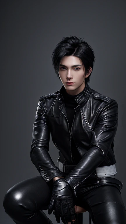 Final Fantasy-style graphics, young, Cute and cool Japanese boys, Thin eyebrows and big eyes,  He is wearing a shiny white single-breasted leather jacket......。Biker style leather jacket、 with epaulettes,  The jacket is zipped up, The jacket pockets are black., The jacket has a high stand-up collar with a belt, Also wearing a black turtleneck, black leather pants, Thin black leather gloves on both hands, Black leather knee-high lace-up boots, Show me your whole body from head to toe, Final Fantasy Style、((good looking))、((good looking))、((Clear eyes and nose))、((Shiny white single leather jacket))、((The jacket must be white))、((The jacket has epaulettes))、((Jacket has a high stand-up collar and belt))、((The jacket has a black pocket))、((Black turtleneck shirt))、((black leather pants))、((Always wear shiny black leather gloves on both hands))、(((The gloves are not fingerless))、((Black lace-up leather long boots))、((View full-body images from a distance))、Realistic image quality and texture、In a small cell、close your eyes、A kind smile、((The jacket is closed with a zipper))、((No exposed skin below the neck))、((Round face)、((Short Hair Style Edium Build))、