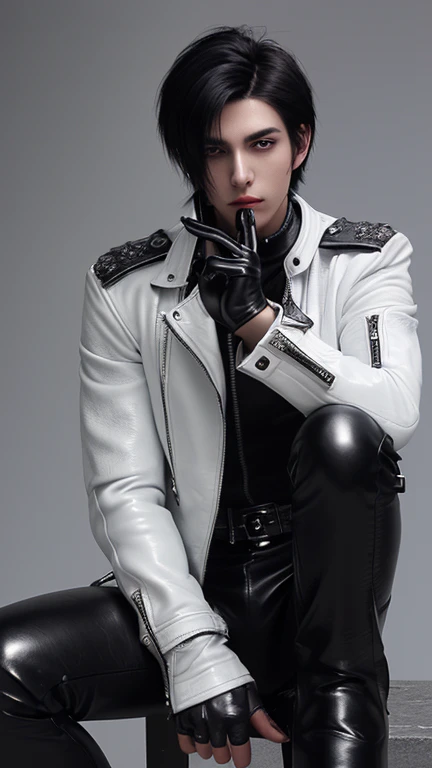 Final fantasy taste and reality graphics, ((Japanese young cute and cool ikemen boy)), his age is early 20s, thin eyebrows and beady eyes, ((he wearing off white color leather thick and heavy material jacket)), ((jacket is singlebrest)), ((biker style jacket)), ((jacket is large size)),((with epaulet)), ((jacket is long sleeve)), ((zipped front of the leather jacket)), , ((voluminous leather jacket)), ,((must jacket is high length and stand-up collar)) ((jacket collar with two belts)), ((jacket is a little black color line pattern)), ((also wearing black thick material turtleneck lackluster shirts)), ((tight black leather pants)), ((put black leather tight and thin glove on both hands)), ((black leather knee-high raceup boots)),((must views head-to-toe)),((must views whole body)), ,((Do not show skin from the neck down)),leather jacket leather glove and leather pants have few wrinkles, Avoid showing your innerwear,zip up jacket fastner.must put on a leather glove.
Boy is black hair.boy looks like fashion model.