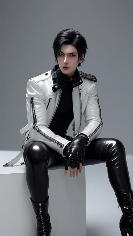Final Fantasy-style graphics, young, Cute and cool Japanese boys, Thin eyebrows and big eyes, He is wearing a shiny white single-breasted leather jacket......。Biker style leather jacket、 with epaulettes, The jacket is zipped up, The jacket pockets are black., The jacket has a high stand-up collar with a belt, Also wearing a black turtleneck, black leather pants, Thin black leather gloves on both hands, Black leather knee-high lace-up boots, Show me your whole body from head to toe, Final Fantasy Style、((good looking))、((good looking))、((Clear eyes and nose))、((Shiny white single leather jacket))、((The jacket must be white))、((The jacket has epaulettes))、((Jacket has a high stand-up collar and belt))、((The jacket has a black pocket))、((Black turtleneck shirt))、((black leather pants))、((Always wear shiny black leather gloves on both hands))、(((The gloves are not fingerless))、((Black lace-up leather long boots))、((View full-body images from a distance))、Realistic image quality and texture、In a small cell、close your eyes、A kind smile、((The jacket is closed with a zipper))、((No exposed skin below the neck))、((Round face)、((Short Hair Style Edium Build))、