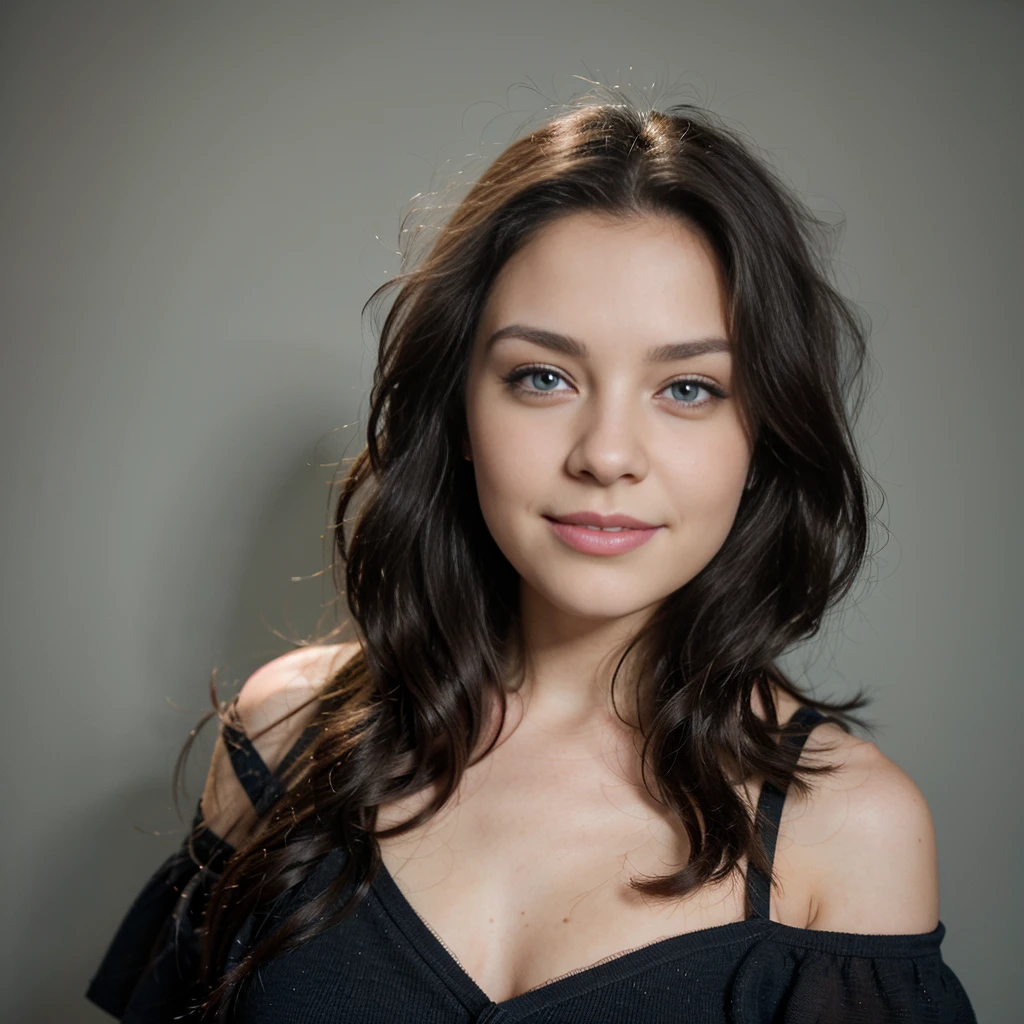 22 year old girl, rostro similar al de Amy Lee, ojos azules, sonrisa, cabello negro, cuerpo completo, minifalda, descalza, hiperrealista. Looking straight into the camera
