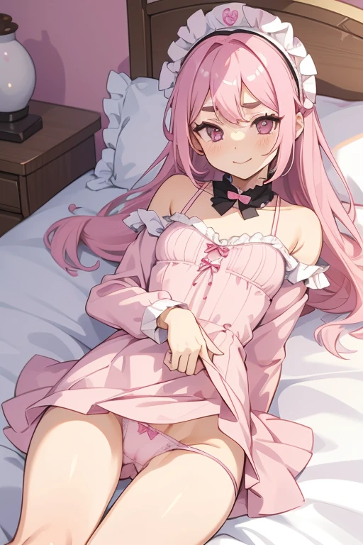 Girl with pink hair, long double-tailed hairstyle, ((small pink bushy eyebrows)), dressed in ta clothing, marked vagina, loli(Zankuro) drawing style by zankuro artist, Zancro style, image uploaded to R34, looking at the camera with a flirtatious smile, modeling in her room, male pov, (panties pulling, self-pulling, pink panties:1.1 panties pulled to knees) , she pulling her dress to cover her crotch, no visible vagina