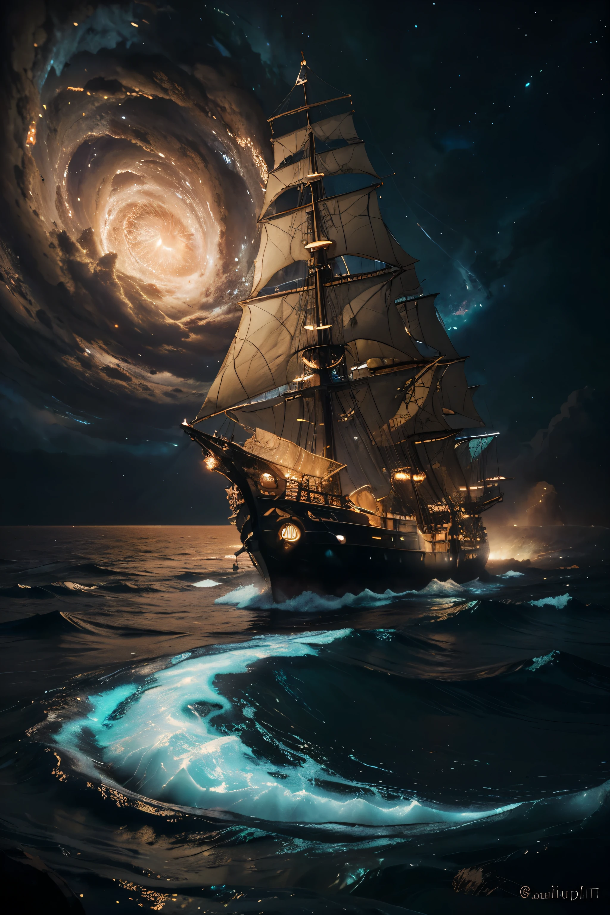 irate ship trapped in a cosmic maelstrom nebula, rendered in cosmic beach whirlpool engine, volumetric lighting, spectacular, ambient lights, light pollution, cinematic atmosphere, art nouveau style, illustration art artwork by SenseiJaye, intricate detail.