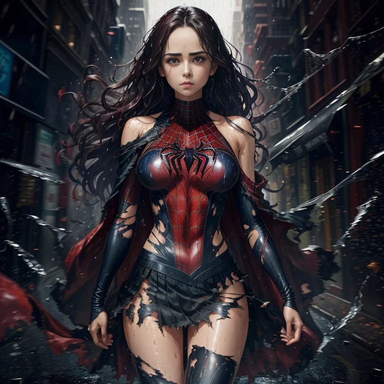 Eliza Dushku、マーベル・コミック映画のPoster, Very beautiful, Movies about Spiderman, sexy, whole body, I'm wearing a skirt、Premiere date, Poster、belly buttonを突き出す、new york、She's wearing a torn Spider-Man suit,The suit is torn、Wearing a skirt、 Red and black color scheme,dynamic、masterpiece、highest quality、Ultra-detailed、Very detailed、A delicate and beautiful shine、超A high resolution、Cinematic,Break,Breakdrop,(Torn clothes:1.5), (Wet clothes:1.4), Bare shoulders,Real Rain,Wet Hair,belly button、Exposing Skin、sexyな肩を見せてる