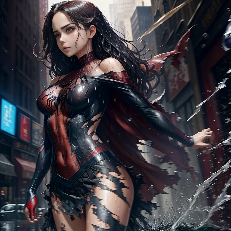 Eliza Dushku、マーベル・コミック映画のPoster, Very beautiful, Movies about Spiderman, sexy, whole body, I'm wearing a skirt、Premiere date, Poster、belly buttonを突き出す、new york、She's wearing a torn Spider-Man suit,The suit is torn、Wearing a skirt、 Red and black color scheme,dynamic、masterpiece、highest quality、Ultra-detailed、Very detailed、A delicate and beautiful shine、超A high resolution、Cinematic,Break,Breakdrop,(Torn clothes:1.5), (Wet clothes:1.4), Bare shoulders,Real Rain,Wet Hair,belly button、Exposing Skin、sexyな肩を見せてる