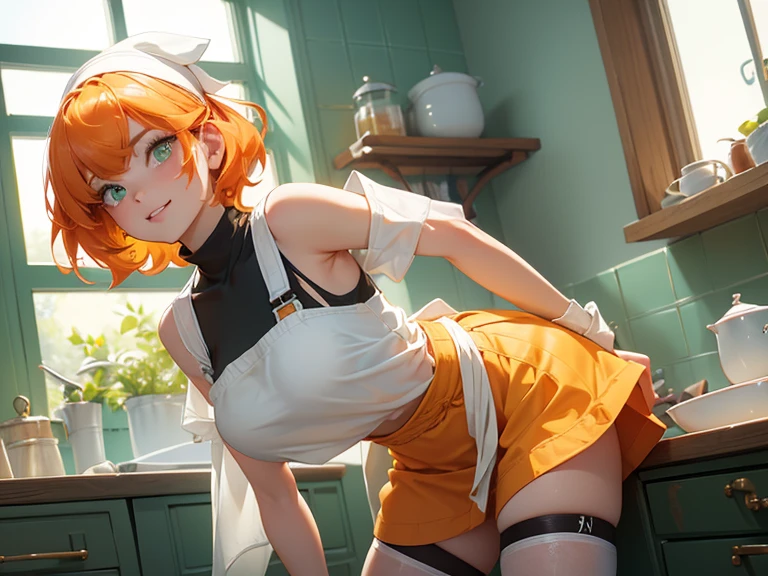 (1 girl)(21 year old girl)(short hair)(flared hair)(orange hair)++ (white apron) (green t-shirt) (tight black shorts) (knee high socks) (gwish) (black straps) (wrist watch up on arm) (green eyes) (glossy skin)(hair ties)(open smile)(facing camera)(cameltoe)(happy)(eager)(she is holding a mixing spoon)(in a messy kitchen)(sun through the window)(cake batter everywhere)(dynamic pose)(cute brown dancing ferret on her shoulder)(wearling a white bandana)