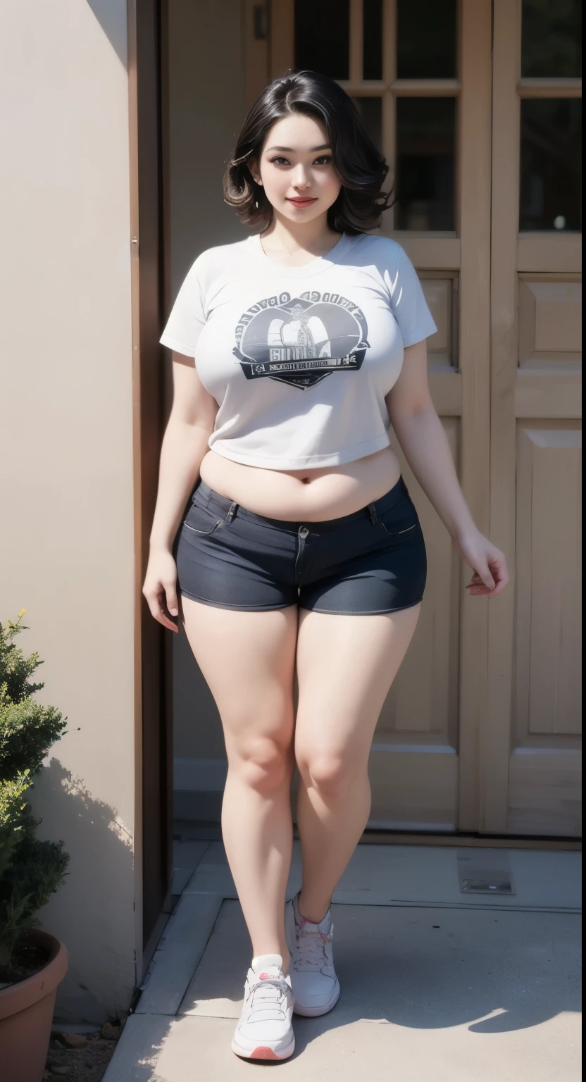 ((best quality)), ((masterpiece)), (detailed), perfect face, 
((best quality)), ((masterpiece)), (detailed), perfect face, mature female, thicc, she has a jiggly fat round belly, busty, thick neck, thick body, better known as amouranth, powerful and huge, thight cloths, she is facing the camera, sie boob, curvy figure, bob hairstyle , full body, chubby cheeks, chubby face, chubby arm., Bbwchan, short hair, wearing shorts pants, wearing cape, wearing a t-shirt, sneaker shoes , mizuhara misono