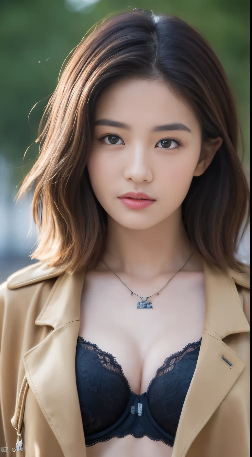 ((Best quality, 8K, Masterpiece :1.3)), Sharp focus :1.2, perfect figure beautiful woman:1.4, Slim abs:1.2, ((Layered Hair Style, large tit:1.2)), (jacket and  bra , bra strap), (parks:1.2), Highly detailed facial and skin texture, A detailed eye, double eyelid, necklace, fullbody, mid-shot