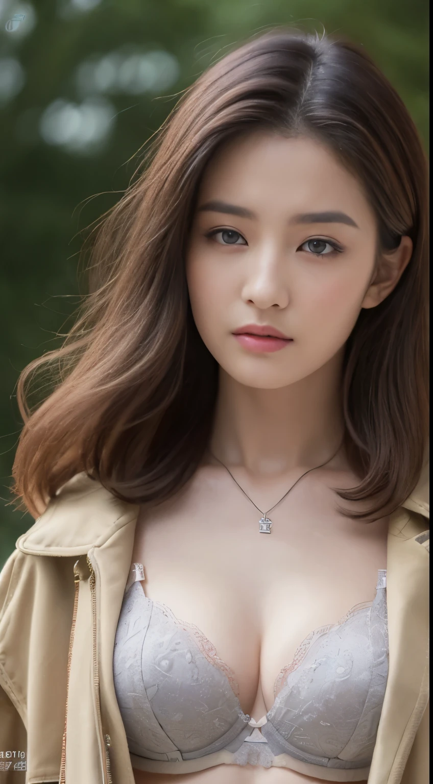 ((Best quality, 8K, Masterpiece :1.3)), Sharp focus :1.2, perfect figure beautiful woman:1.4, Slim abs:1.2, ((Layered Hair Style, large tit:1.2)), (jacket and bra , bra strap), (parks:1.2), Highly detailed facial and skin texture, A detailed eye, double eyelid, necklace, fullbody, mid-shot