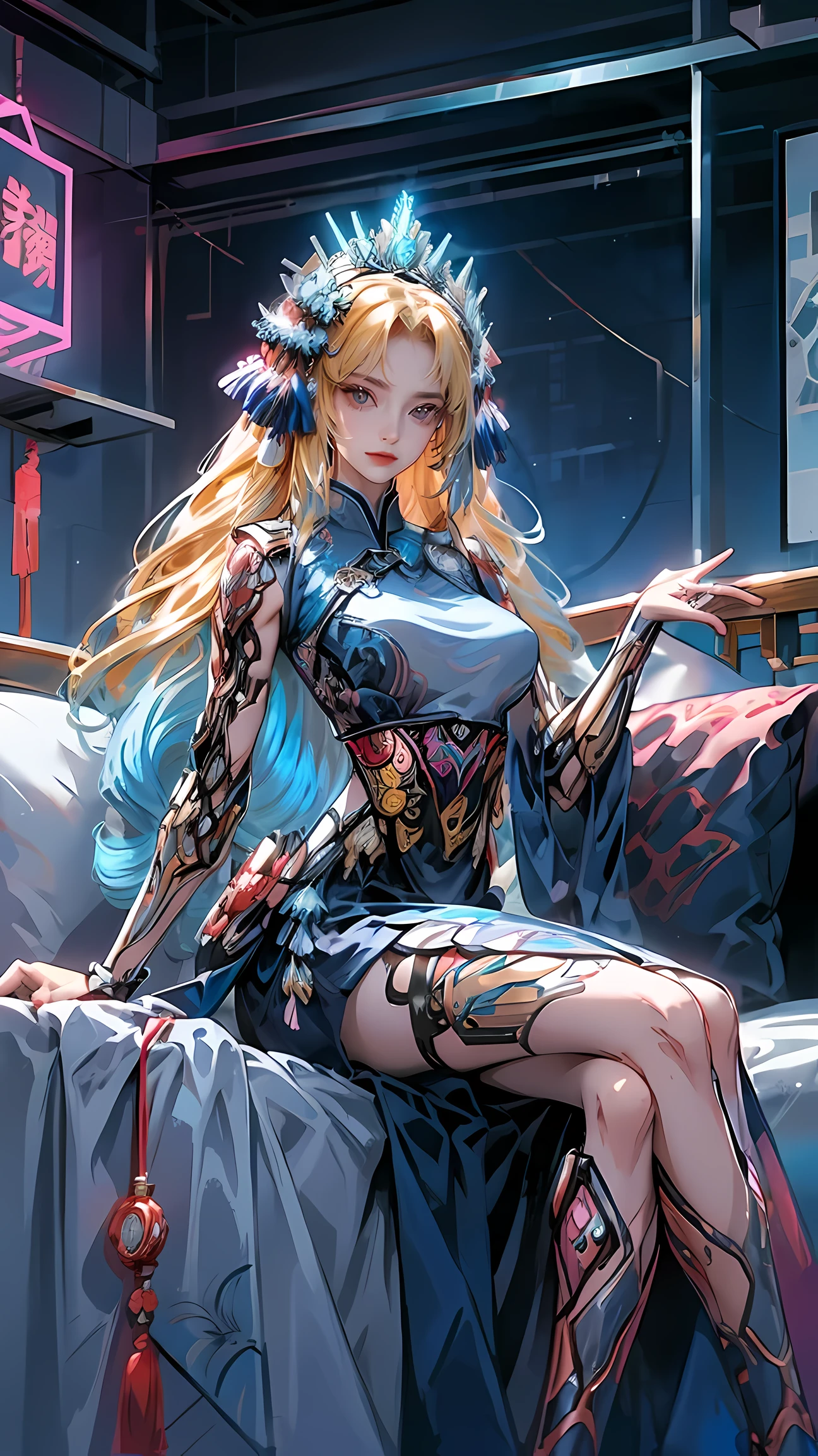 a woman in cheongsam, chinese_clothes, in pink, neon light, mechanical arm, mechanical leg, 1girl, drill hair, long hair, blonde hair, gradient hair, yellow eyes, solo, huge breasts, big hair, blue hair, tiara, divine goddess, looking at viewer, indoors, cyberpunk city, Headdress, hair ornament, a high-tech city, full of machinery and futuristic element, futurism, technology, sitting on sofa, astraea, cyberhanfu