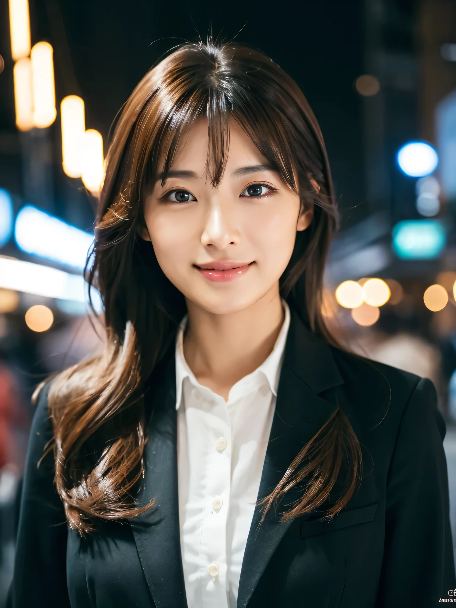 table top、highest quality、genuine、Super detailed、finely、High resolution、8k wallpaper、one beautiful woman、、、light brown disheveled hair、wearing a business suit、sharp focus、perfect dynamic composition、beautiful and detailed eyes、thin hair、Detailed genuine skin texture、smile、close-up portrait、model body shape、In Kyoto at night、