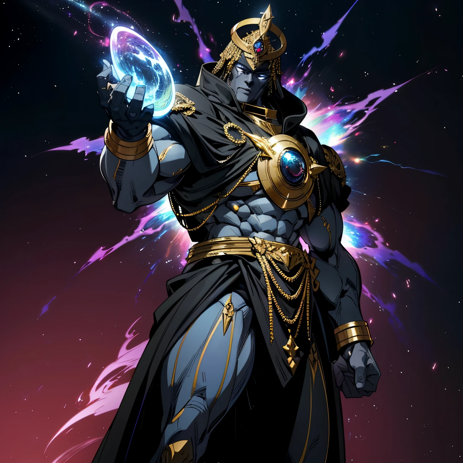 create a a Divine general God wearing a all white military uniform with all black cosmic Galaxy skin. dark Galaxy Temple with dreamlike fog. black fur cape. (Male), strong jawline, 10 pack abs, (black cosmic colored skin), (masculine body type).huge muscles, exaggerated muscles, mature man, muscle swelling, bodybuilding, chest muscles, abdominal muscles,