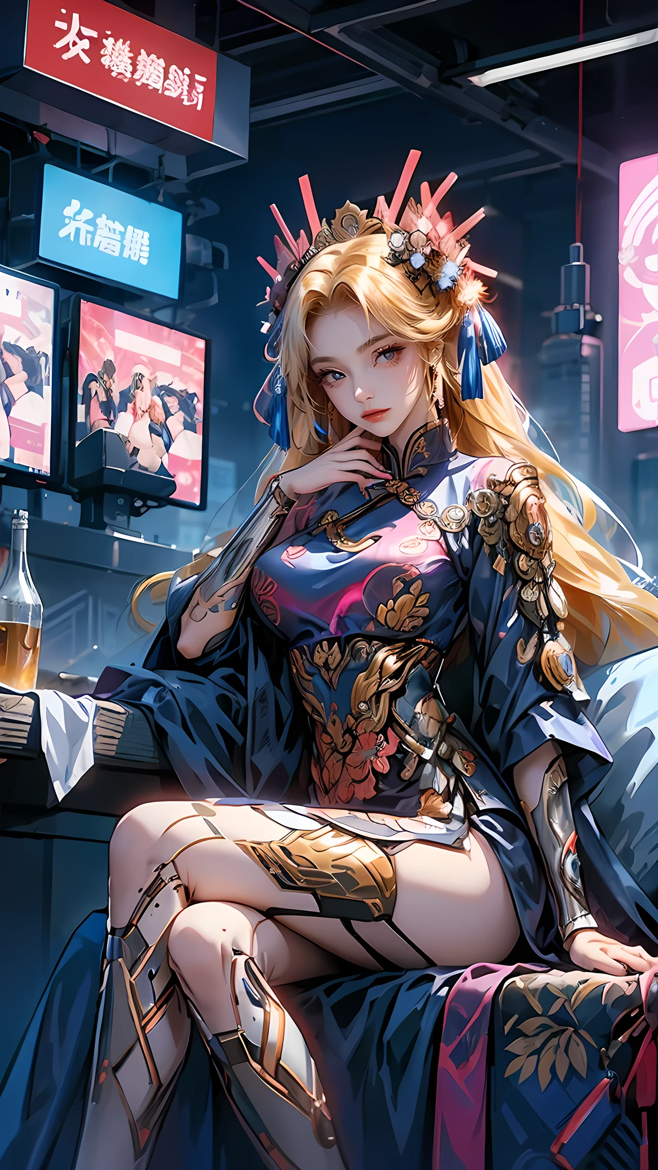 a woman in cheongsam, chinese_clothes, in pink, neon light, mechanical arm, mechanical leg, 1girl, drill hair, long hair, blonde hair, gradient hair, yellow eyes, solo, huge breasts, big hair, blue hair, tiara, divine goddess, looking at viewer, indoors, cyberpunk city, Headdress, hair ornament, a high-tech city, full of machinery and futuristic element, futurism, technology, sitting on sofa, astraea, cyberhanfu 