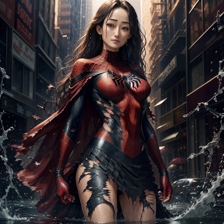 Maggie Q、マーベル・コミック映画のPoster, Very beautiful, Movies about Spiderman, sexy, whole body, I'm wearing a skirt、Premiere date, Poster、belly buttonを突き出す、new york、She&#39;s wearing a torn Spider-Man suit,The suit is torn、Wearing a skirt、 Red and black color scheme,dynamic、masterpiece、highest quality、Ultra-detailed、Very detailed、A delicate and beautiful shine、超A high resolution、Cinematic,Break,Breakdrop,(Torn clothes:1.5), (Wet clothes:1.4), Bare shoulders,Real Rain,Wet Hair,belly button、Exposing Skin、sexyな肩を見せてる